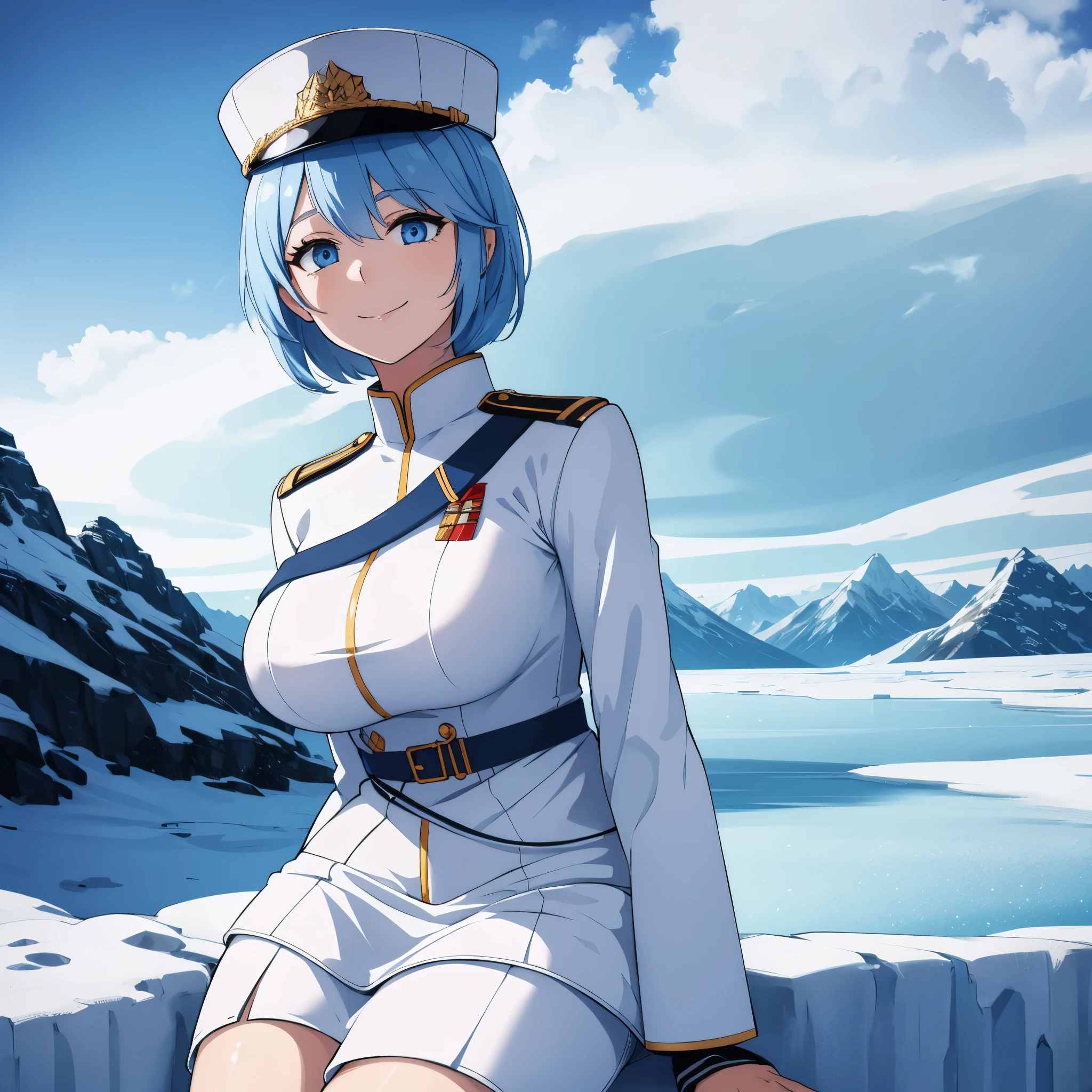 a woman in an ice landscape with ice mountains in the background, faint blue hair, blue eyes, short hair, big breasts, smiling, white military uniform, white military hat.