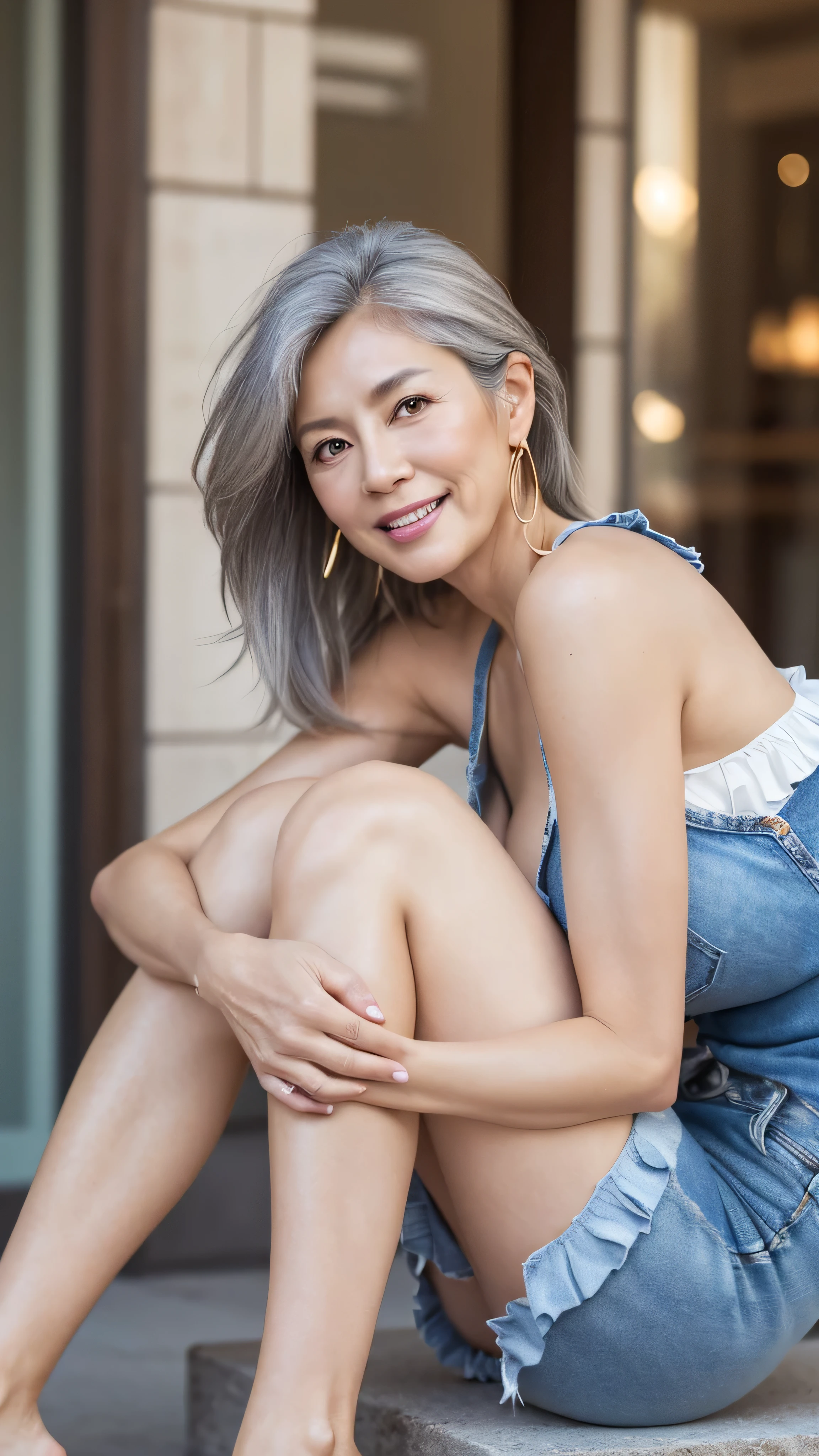 (In 8K, RAW photo, ultra high resolution, highest quality, masterpiece:1.2), (realistic illustration), (Highly detailed CG Unity 8k wallpaper), 35mm film, professional lighting, 1 Japanese female, Beautiful woman, ((60 years old, white hair, 60th birthday mature woman)), (Real face of 60 years old), long hair, aging wrinkles, wrinkles around the eyes, wrinkles on the neck, big breasts, Charming valley, delicate fingers, shy smile, realistic teeth, smile, (denim tank top ruffles), Damaged Denim Shorts, gold hoop earrings, ((Sitting position with knees up and arms holding both legs)), Shopping Street