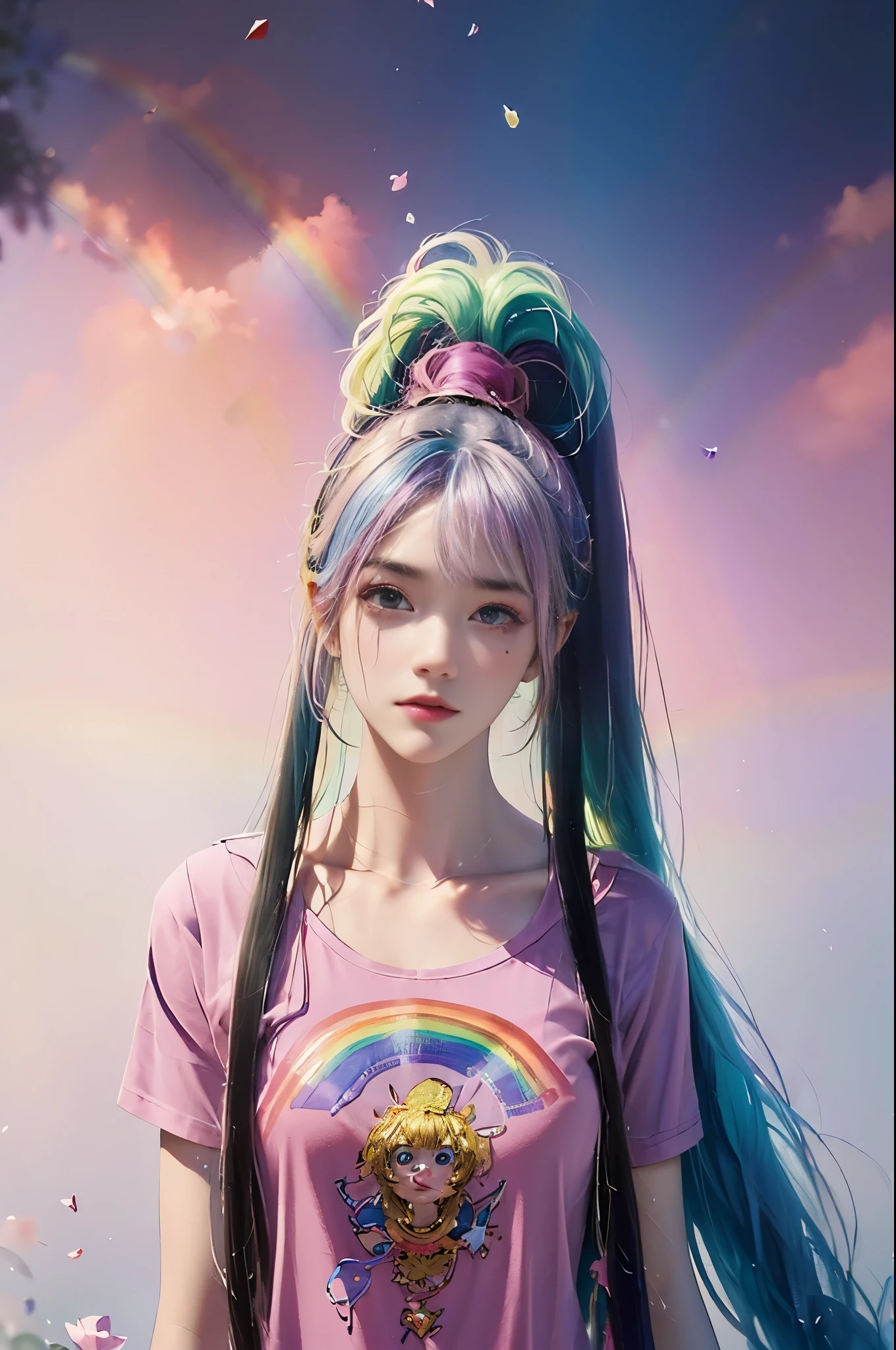 (Pink fashion T-shirt: 1.9), (Colorful hair: 1.8), (All colors of the rainbow: 1.8), (((Vertical paintinging: 1.6))), (paintinging: 1.6), front, comics, illustration, paintinging, big eyes, crystal clear, (Rainbow gradient high ponytail: 1.7), Exquisite makeup, shut up, (Little fresh: 1.5), (Bando: 1.6), long eyelashes, White off-shoulder T-shirt, white shoulder shirt, looking at the audience, 水汪汪的big eyes, (rainbow hair: 1.6), 色彩飞splash, (alone:1.8), 色彩飞splash, color explosion, 颜色飞splash, color explosion, 厚漆wind格, messy lines, ((Shiny)), (rich and colorful), (rich and colorful), (rich and colorful), rich and colorful, Thick painting Style, (splash) (Color splash), Vertical paintinging, Upper body, painting splash, acrylic paint, slope, painting, Highest image quality, masterpiece, alone, depth of field, Face painting, rich and colorful clothes, (grace: 1.2), Gorgeous, long hair, wind, (grace: 1.3), (petal: 1.4), ((masterpiece))), ((best quality))), (Super detailed), (illustration), (dynamic angle), (floating), (painting), ((loose hair)), (alone), (1 girl), ( ( ( Detailed anima face))), (( Beautiful and delicate face)), collar, bare shoulders, white hair, ((colored hair)), ((striped hair)), Beautiful and delicate eyes, (Gradient eye), (colored eyes))), (Colorful background))), (high saturation))), ((surrounded by rich and colorful splashes))),