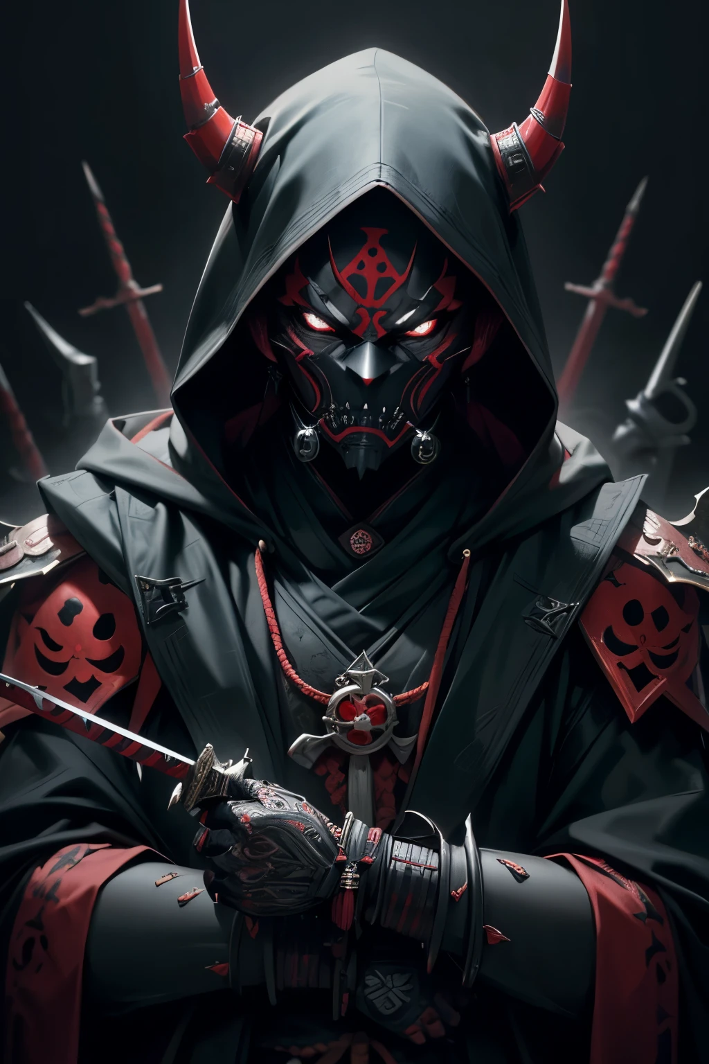 best quality,4k,highres,masterpiece:1.2, ultra-detailed, realistic:1.37, dark art, portraits, eerie atmosphere, mysterious lighting, terrifying presence, menacing armor, grim expression, sinister eyes, two twisted horns, sharp sword, ominous cloak, dark akatsuki clouds, haunting shadows, intense battle scene, dramatic composition, simple hannya oni mask, male assassin ninja, cyberpunk mask, fully hooded, no ears, chest and arms armor, upside down cross, black eyes