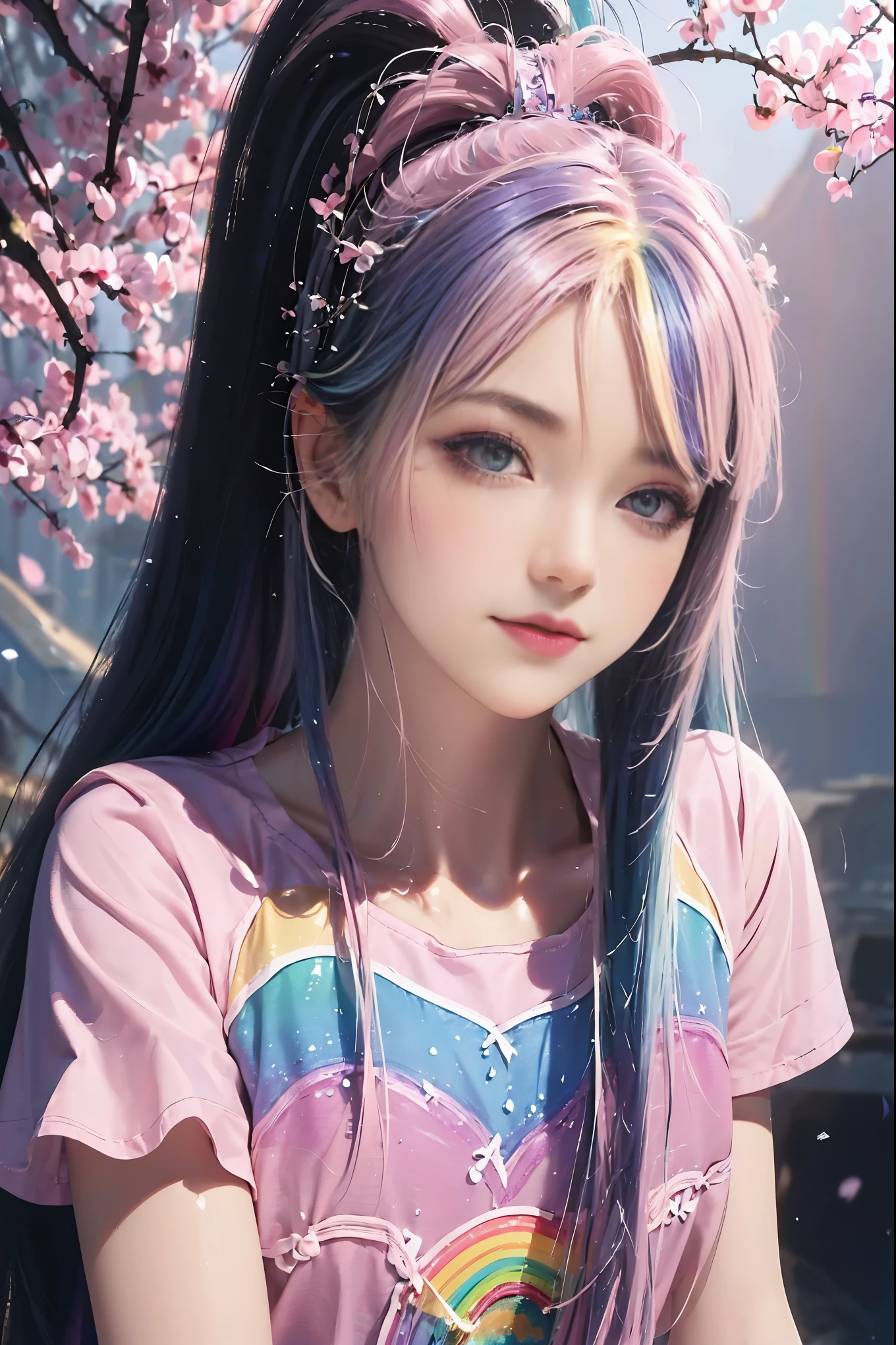 (Pink fashion T-shirt: 1.9), (Colorful hair: 1.8), (All colors of the rainbow: 1.8), (((Vertical paintinging: 1.6))), (paintinging: 1.6), front, comics, illustration, paintinging, big eyes, crystal clear, (Rainbow gradient high ponytail: 1.7), Exquisite makeup, shut up, (Little fresh: 1.5), (Bando: 1.6), long eyelashes, White off-shoulder T-shirt, white shoulder shirt, looking at the audience, 水汪汪的big eyes, (rainbow hair: 1.6), 色彩飞splash, (alone:1.8), 色彩飞splash, color explosion, 颜色飞splash, color explosion, 厚漆wind格, messy lines, ((Shiny)), (rich and colorful), (rich and colorful), (rich and colorful), rich and colorful, Thick painting Style, (splash) (Color splash), Vertical paintinging, Upper body, painting splash, acrylic paint, slope, painting, Highest image quality, masterpiece, alone, depth of field, Face painting, rich and colorful clothes, (grace: 1.2), Gorgeous, long hair, wind, (grace: 1.3), (petal: 1.4), ((masterpiece))), ((best quality))), (Super detailed), (illustration), (dynamic angle), (floating), (painting), ((loose hair)), (alone), (1 girl), ( ( ( Detailed anima face))), (( Beautiful and delicate face)), collar, bare shoulders, white hair, ((colored hair)), ((striped hair)), Beautiful and delicate eyes, (Gradient eye), (colored eyes))), (Colorful background))), (high saturation))), ((surrounded by rich and colorful splashes))),