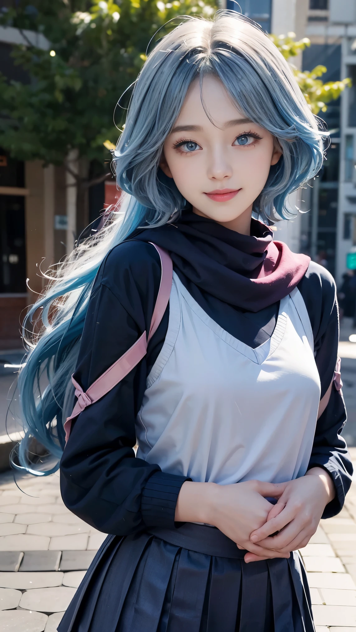 1 6 year old girl,Elementary school student wearing a red scarf,,happy smile,Lovely complexion,blue eyes,blue hair,curls、semi long hair,Cute pink lips,Wear blue sailor suit、black pleated skirt,Realistic illustration of her face,Realistic fingers,Fascinating sketches,smooth and shiny,hazy,super blanket style,School background--ar 1:1--Niji 5--Stylistic Expression--S 50,No makeup,No makeup超可爱
