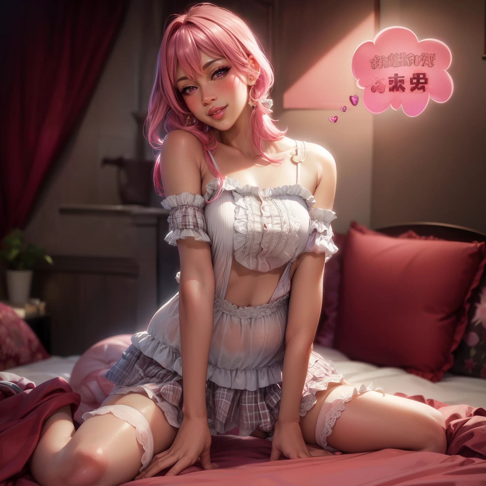 blush, smile,glowing aura, natural light, masterpiece,  glossy skin, juicy lips , ,sexy, hot, evil,juicy lips hour glass, , juicy lips, , slender body, small , huge ass, pink hair, ponytail ,looking up, smile, ultra detailed, short pink hair, purple eyes, art, sitting on bed