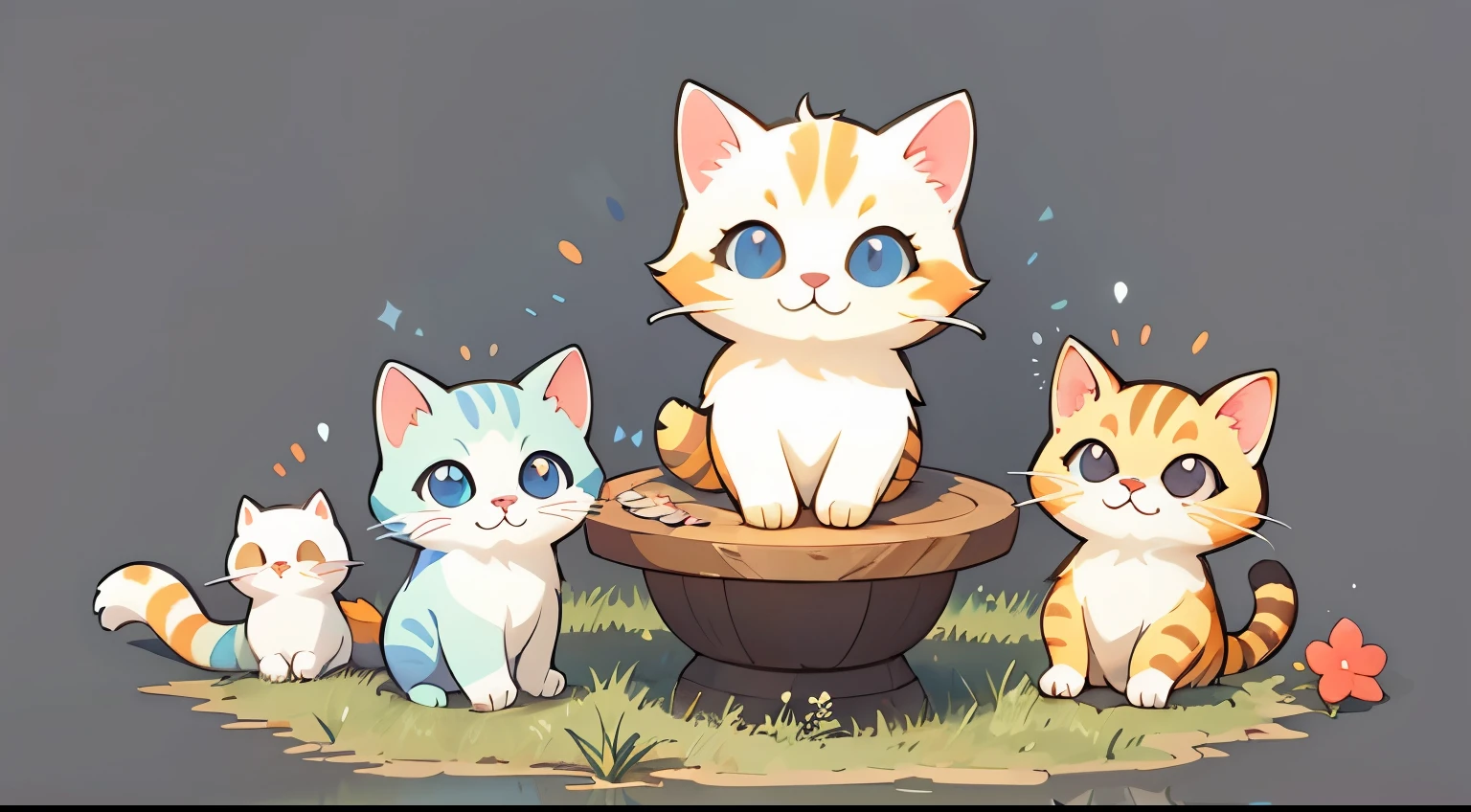 group of cute cats dining on grass, watercolor, simple background, minimal, cute, small, pastel colour, vector style,