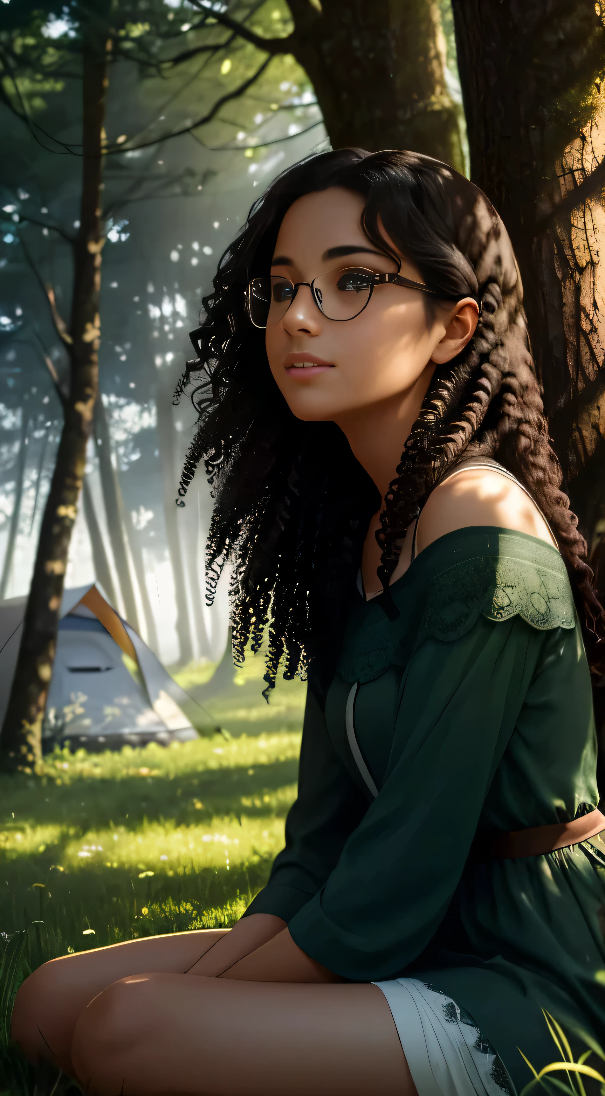 Young sits on the lush grass, surrounded by the serene silence of nature. Her long, black curly hair cascades down her shoulders, framing her delicate features. She wears glasses perched on her nose, adding to her intellectual and thoughtful appearance. A delicate smile graces her lips as she looks up at the vast, star-studded sky, her bright brown eyes filled with wonder and curiosity. The scene is bathed in the warm, soft light of a nearby lamp, casting long shadows and creating a whole body illusion of Young's slender figure. In the background, a huge tree stands tall, its leaves rustling gently in the breeze. The farther view reveals a tent nestled among the trees