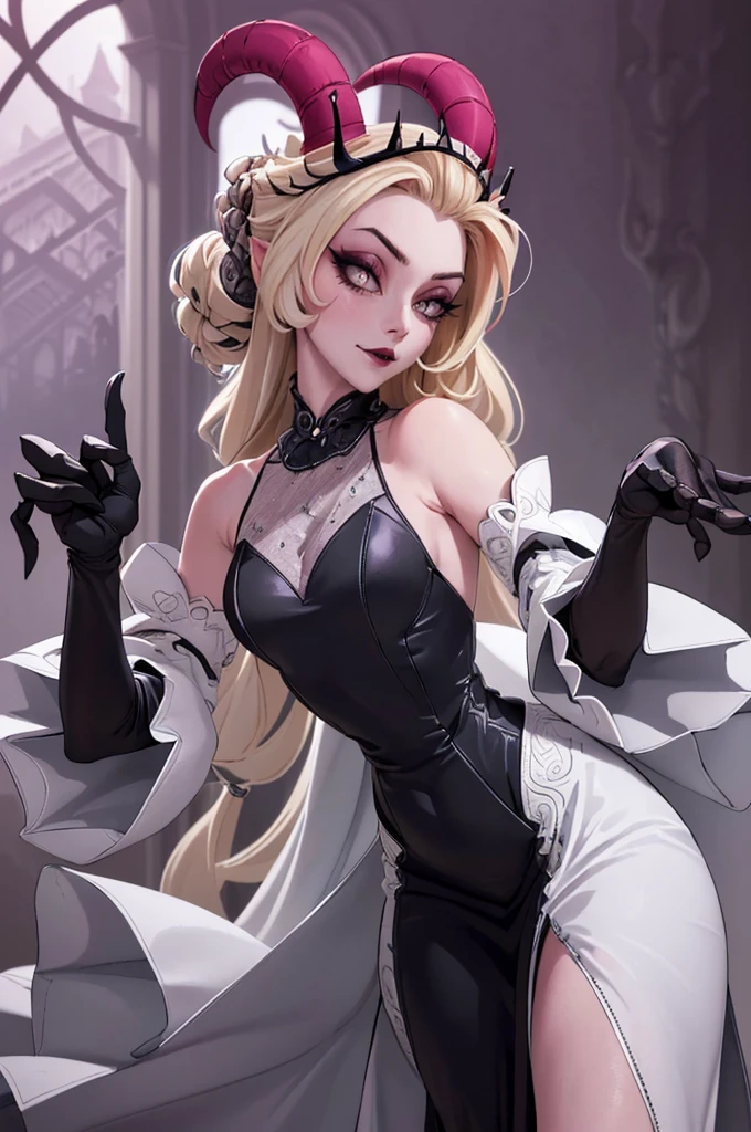 (Lilith:1.2), (grey/gray skin, grey sclera, long blonde hair, white iris, demon horns, makeup), (DefaultOutfit:1.2), (long dress, sleeves, gloves, black dress:1.5), (castle, inside a castle, Victorian theme), (realistic:1.2), (masterpiece:1.2), (full-body-shot:1),(Cowboy-shot:1.2), neon lighting, dark romantic lighting, (highly detailed:1.2),(detailed face:1.2), (gradients), colorful, detailed eyes, (detailed landscape:1.2), (natural lighting:1.2), (powerful pose:1.2), (solo, one person, 1girl:1.5), lilith, hazbin , black dress
