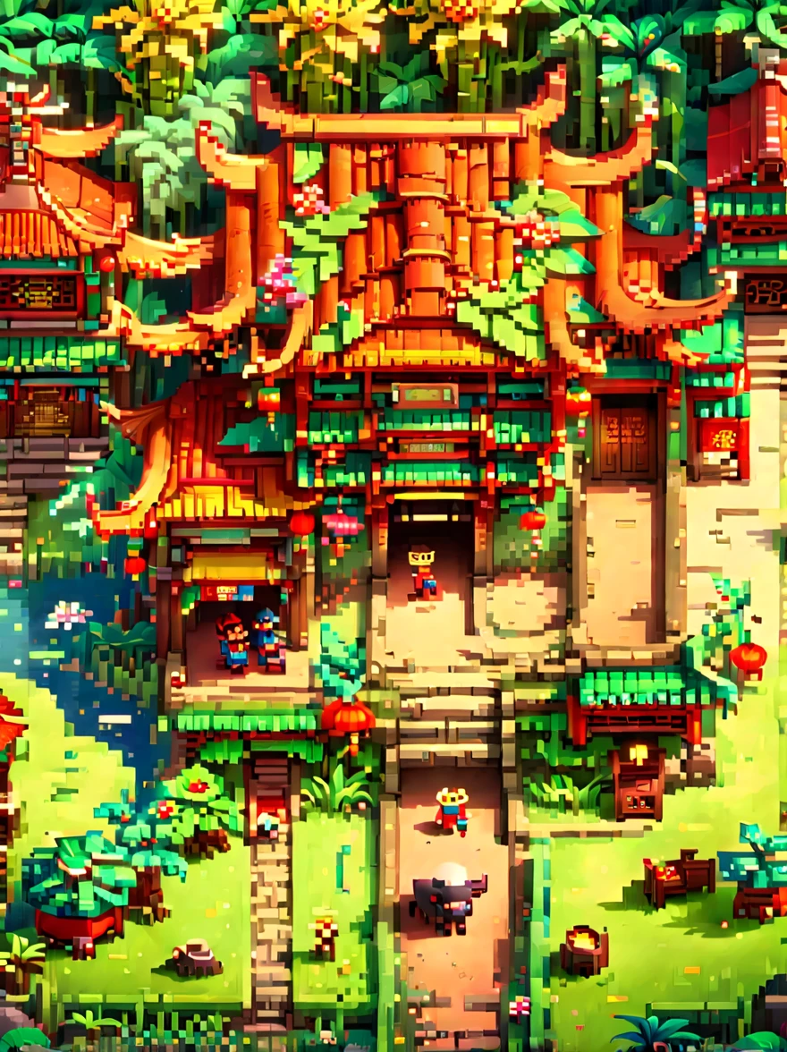 (Pixel game art style:1.2)，(masterpiece, best quality:1.2), ancient Chinese house，bright colors，traditional brick building，bamboo forest，garden，Flower path，3d，((Aerial View))，((Three View:1.8))，((1 child sitting on the back of a buffalo:1.5))，buffalo，birdie