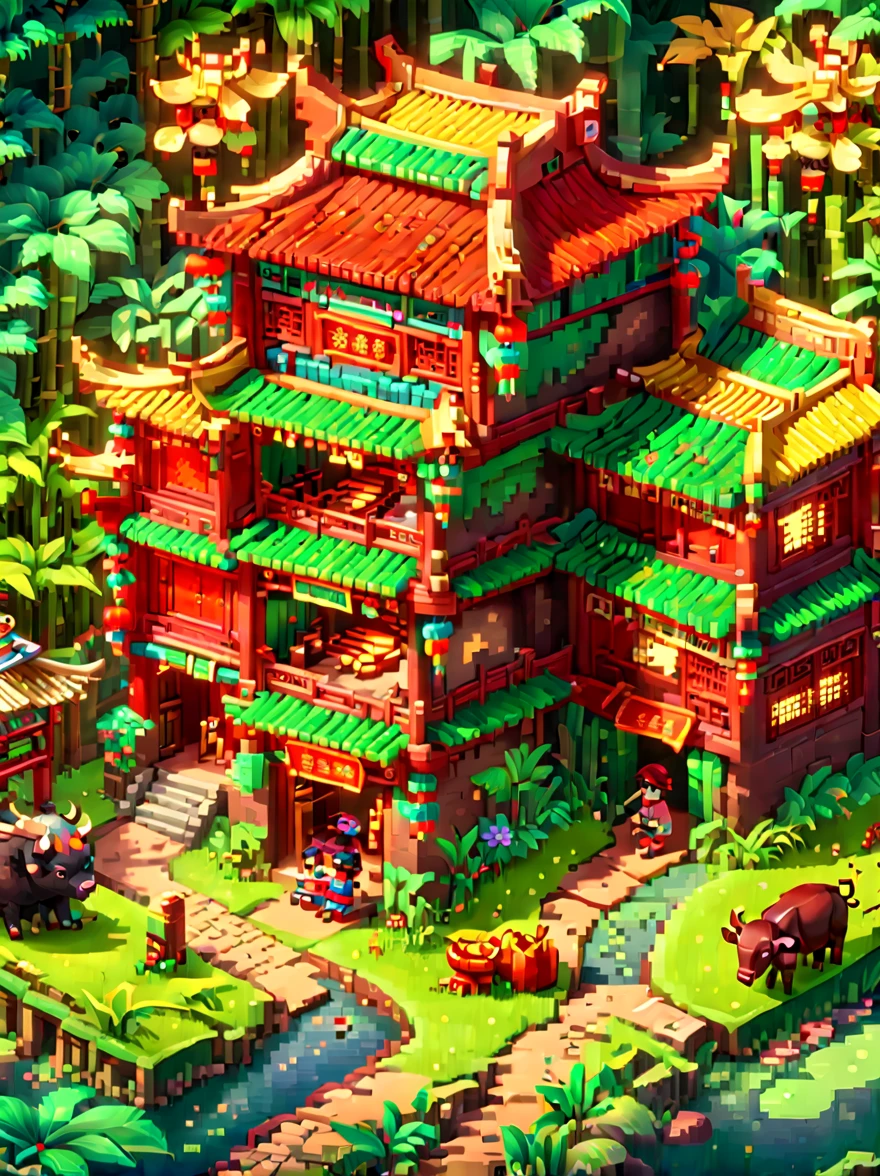 (Pixel game art style:1.2)，(masterpiece, best quality:1.2), ancient Chinese house，bright colors，traditional brick building，bamboo forest，garden，Flower path，3d，((Aerial View))，((Three View:1.8))，((1 child sitting on the back of a buffalo:1.5))，buffalo，birdie