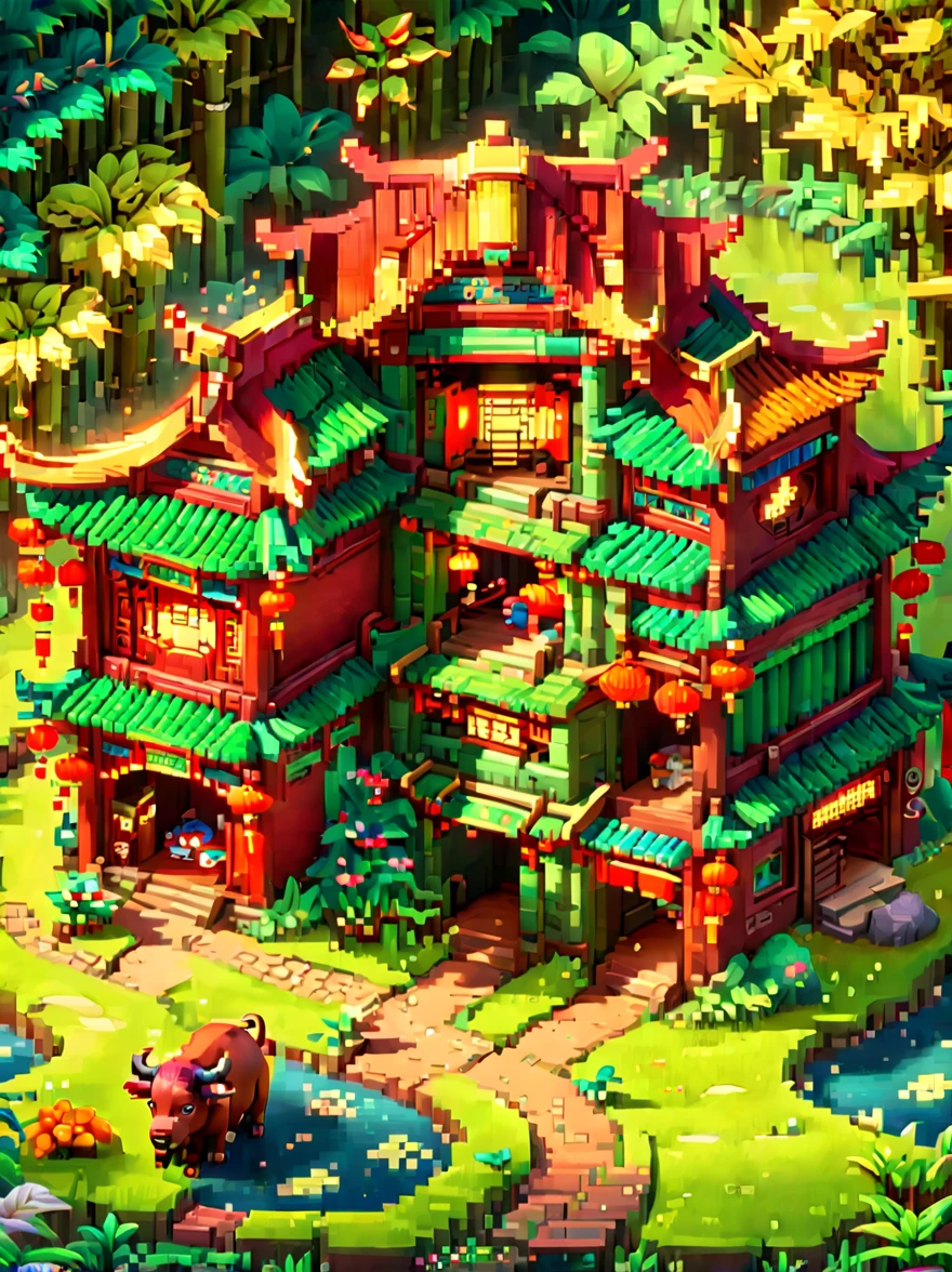 (Pixel game art style:1.2)，(masterpiece, best quality:1.2), ancient Chinese house，bright colors，traditional brick building，bamboo forest，garden，Flower path，3d，((Aerial View))，((Three View:1.8))，((1 child sitting on the back of a buffalo:1.5))，buffalo，birdie