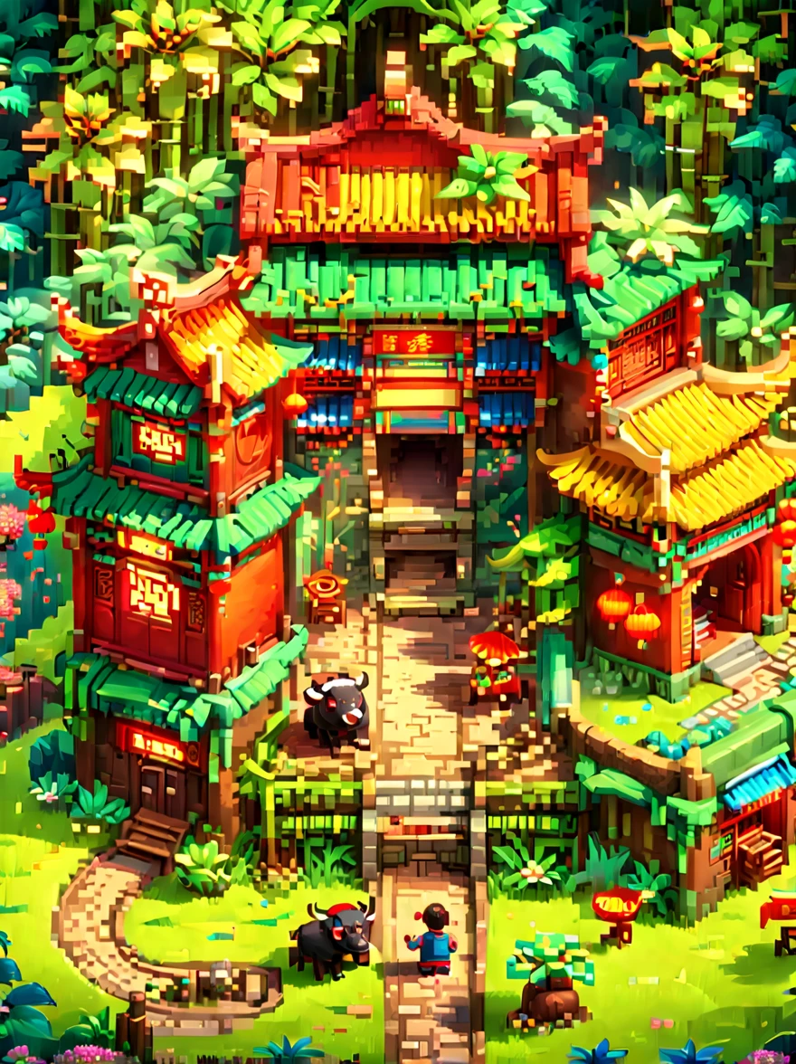 (Pixel game art style:1.2)，(masterpiece, best quality:1.2), ancient Chinese house，bright colors，traditional brick building，bamboo forest，garden，Flower path，3d，((Aerial View))，((Three View:1.8))，((1 child sitting on the back of a buffalo:1.5))，buffalo，birdie