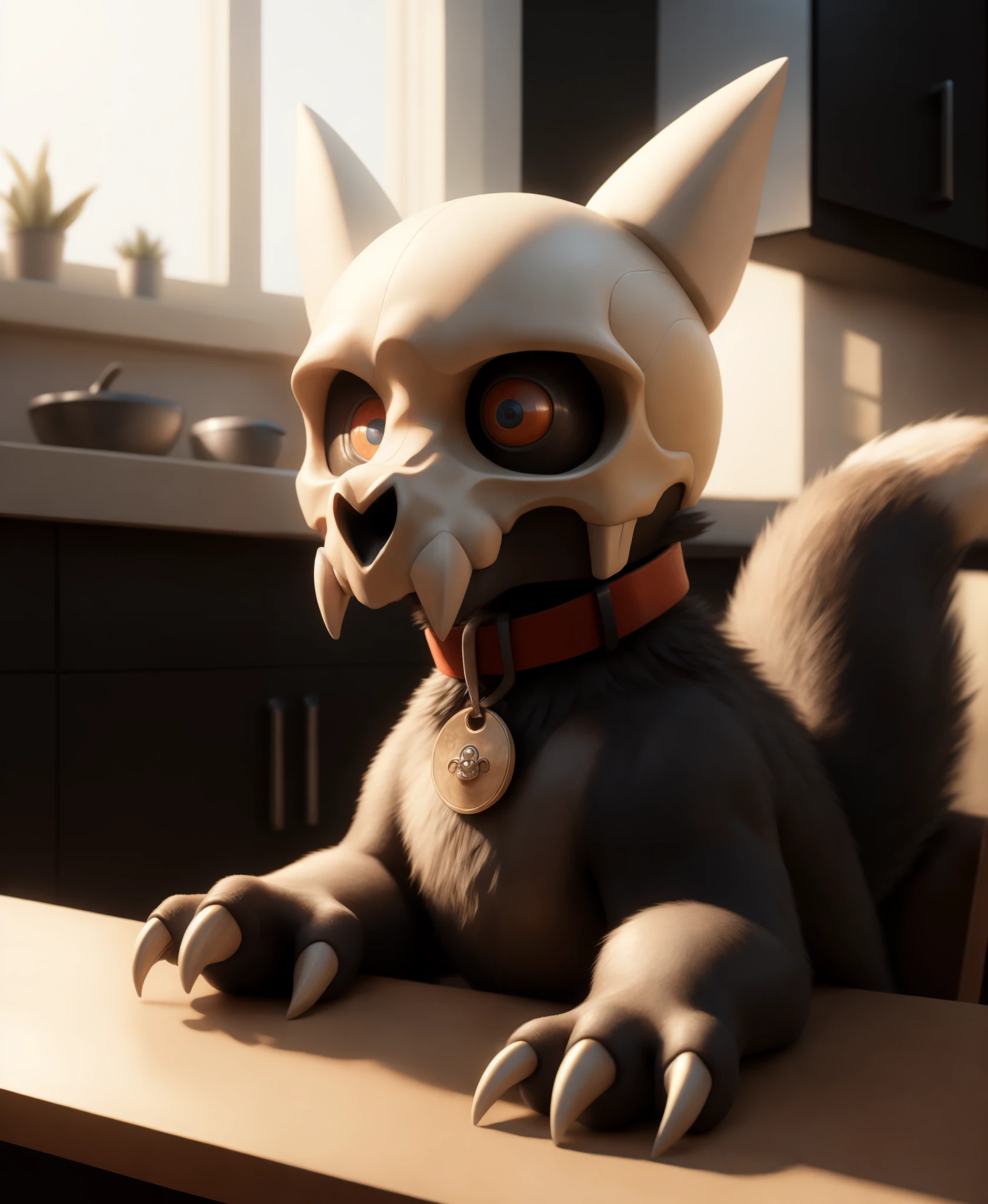 beautiful eyes, high detail skin, high detail eyes, high detail hair, highres, ultra detailed, sharpen picture, Highly detailed, masterpiece, best quality, photorealistic, 1boy, skull helmet, teeth, pokemon (creature), colored sclera, red collar with circle pet tag, claws, tail, sitting on a chair in a kitchen looking sad