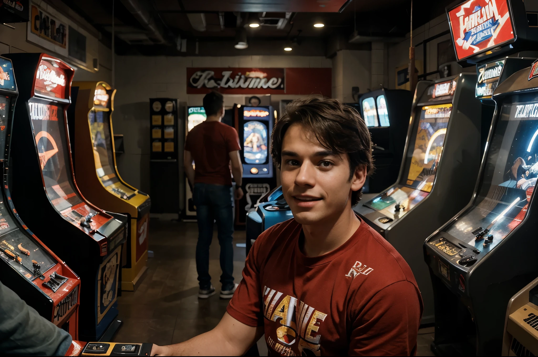 A high quality photo of a young man enthusiastically playing an arcade machine. The boy has a concentrated expression, stares at the arcade machine, just look at the machine, wearing red t-shirt and jeans. The background is a dimly lit game room, full of various arcade machines, flashing lights and people in the distance. The overall ambiance of the photo is cinematic and nostalgic, evoking a sense of 80s excitement and joy, foto, cinematic