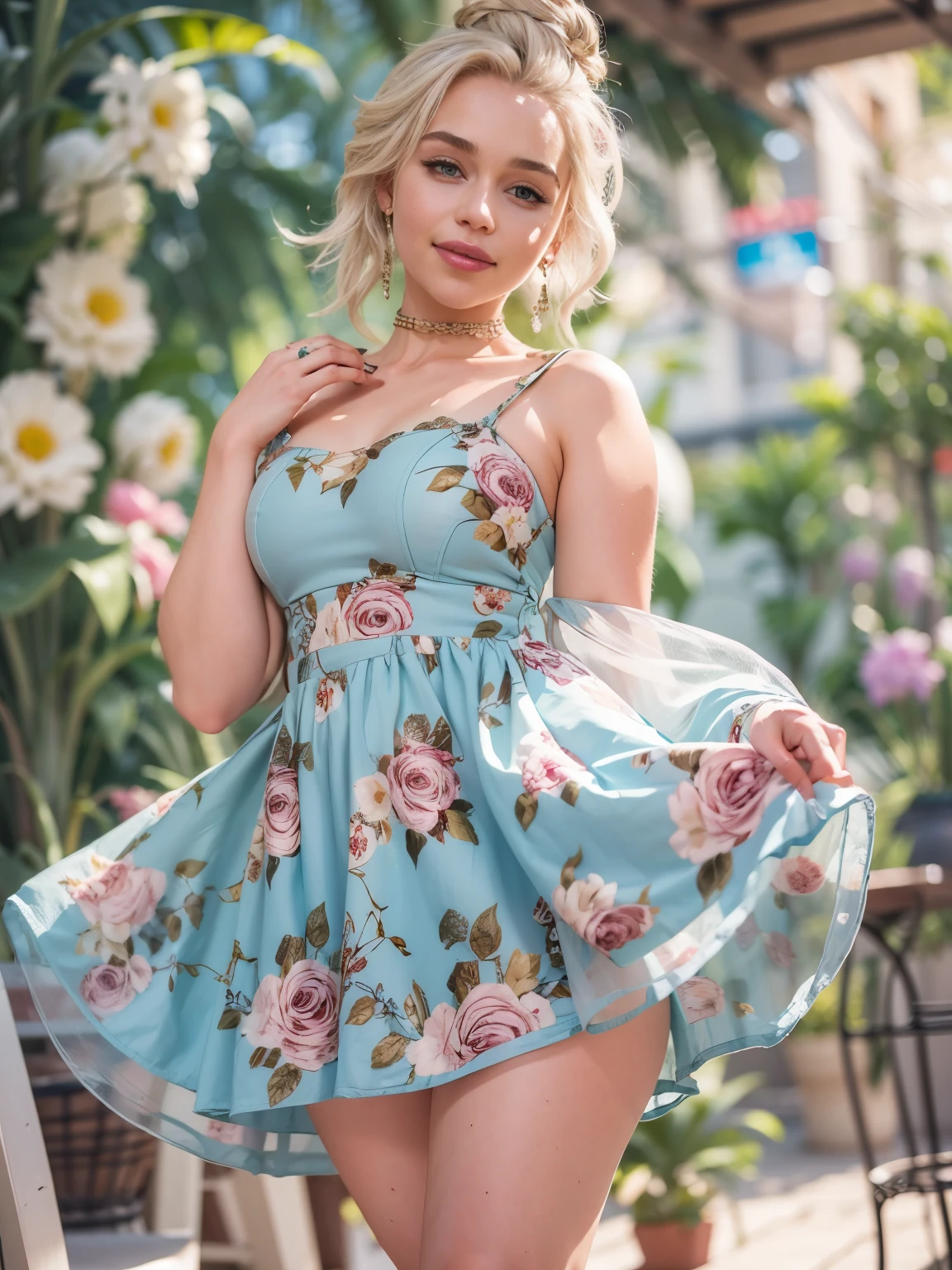 Masterpiece, best quality, ultra detailed, !(beautiful girl smiling), !(She has blonde hair collected in a bun, long earrings, big breasts, big butt and big thighs)
, !(She wears a (tight short light blue floral dress ) with a low cut on the chest, tall fishnet pantyhose, thin white strap heels and big colored handles)