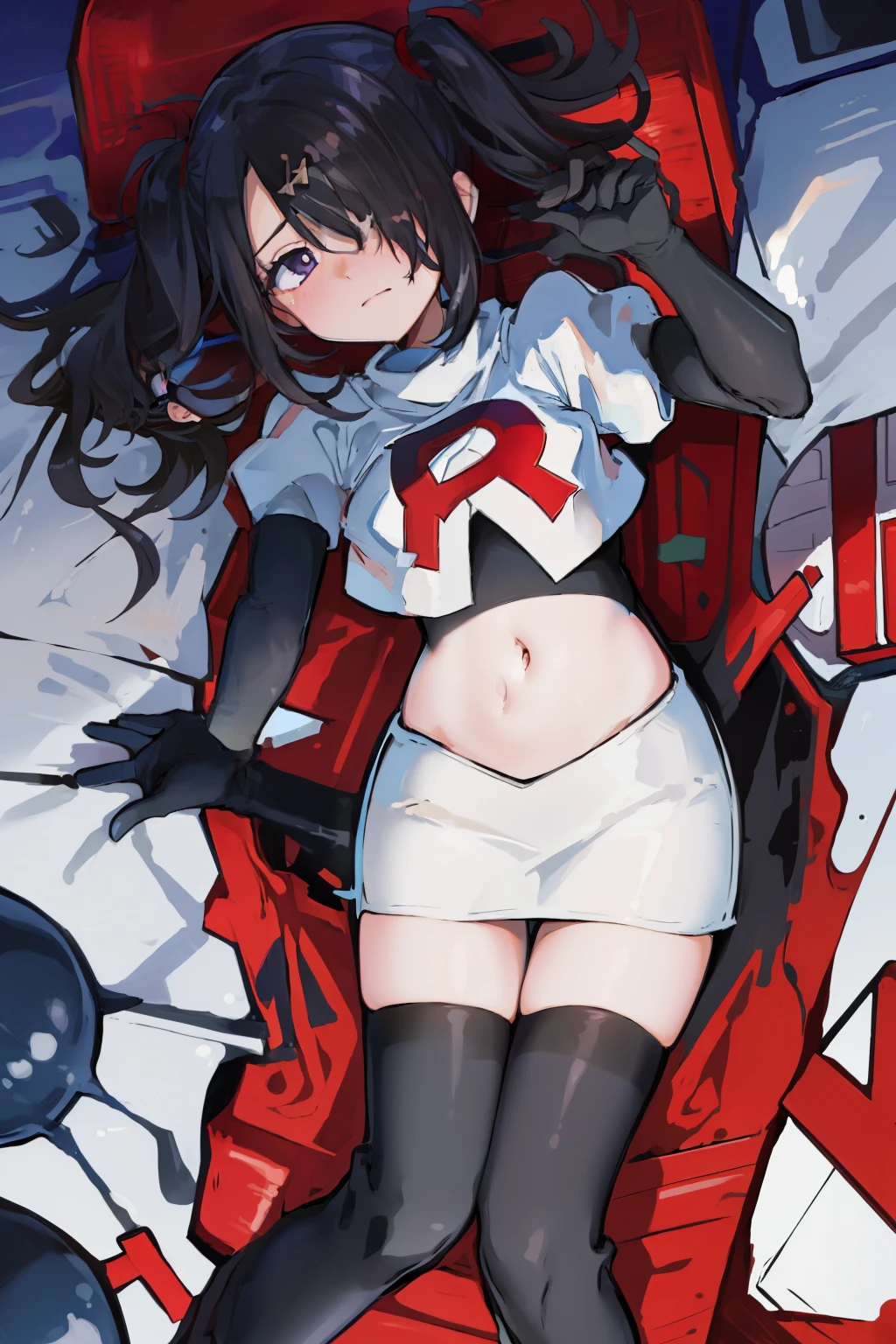 masterpiece, best quality, absurdres, 1girl, ame-chan, depressed, bags under eyes, team rocket,team rocket uniform,white skirt,red letter R,crop top,black thigh-highs,black elbow gloves