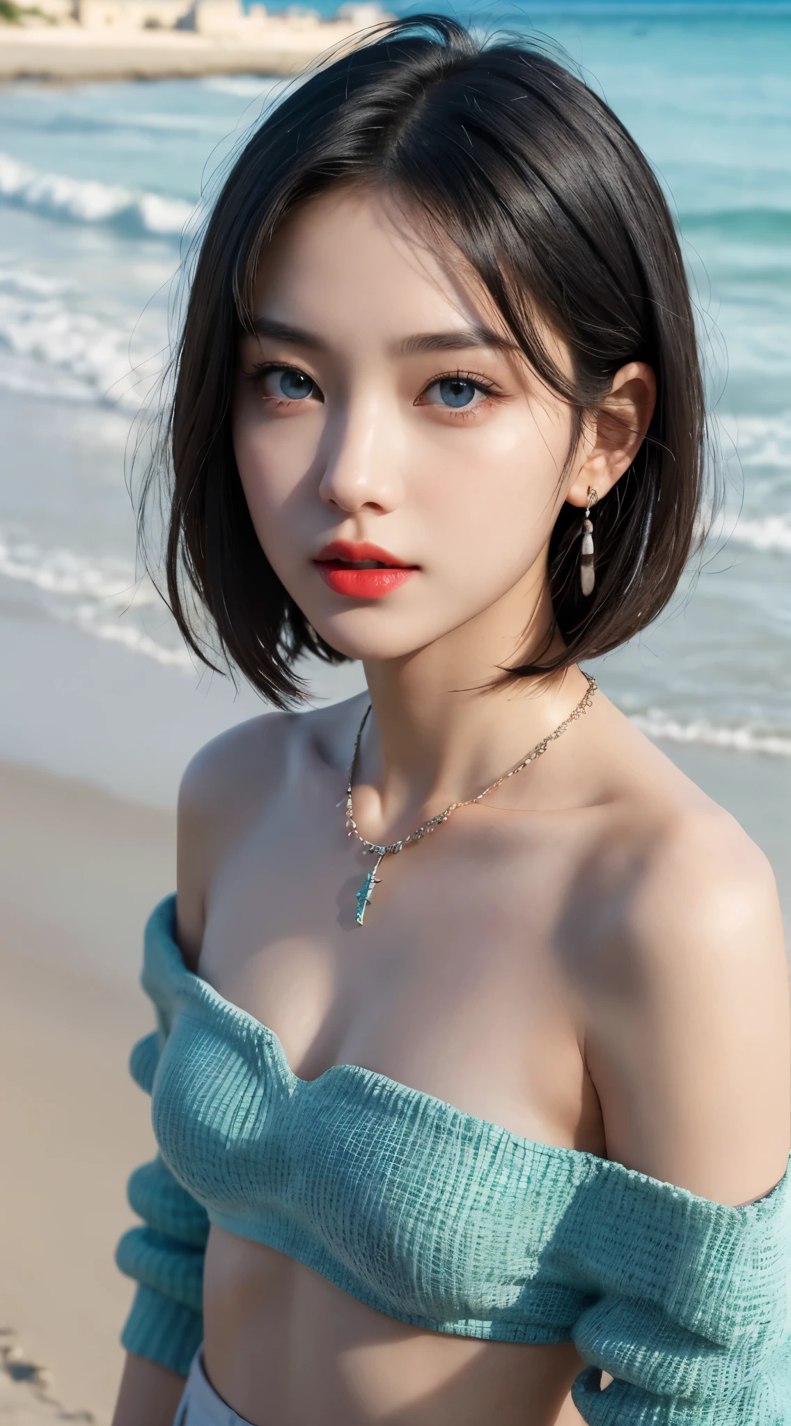 Nsfw、full nude、No clothes、((realistic Sunlight, 8k, highest quality, masterpiece: 1.3)), (realistic, sharp focus: 1.2), A very delicate and cute Japanese girl: 1.4, (1 girl)), perfect style, super detailed, High resolution, (off shoulder: 1.1), (black hair, short hair, bob cut: 1.2), (big, whole body: 1.3), Highly detailed face and skin texture, detailed and beautiful eyes, Slight redness on the face and nose, blue eyes, green eyes, red lips, eye make up, thin abs: 1.2, shiny skin, necklace, earrings, beach, outdoors, realistic shadow,