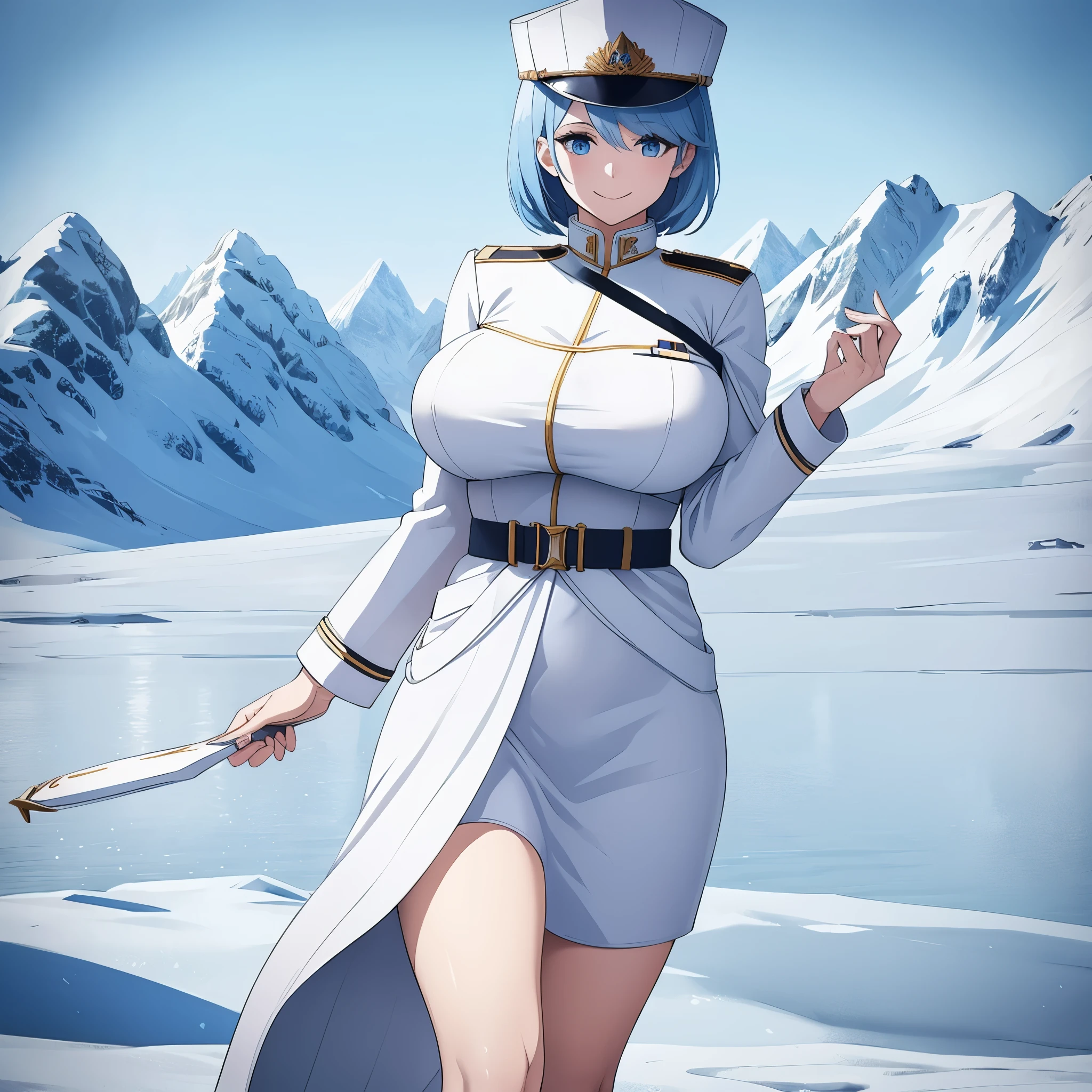 a woman in an ice landscape with ice mountains in the background, faint blue hair, blue eyes, short hair, big breasts, smiling, white military uniform, white military hat.
