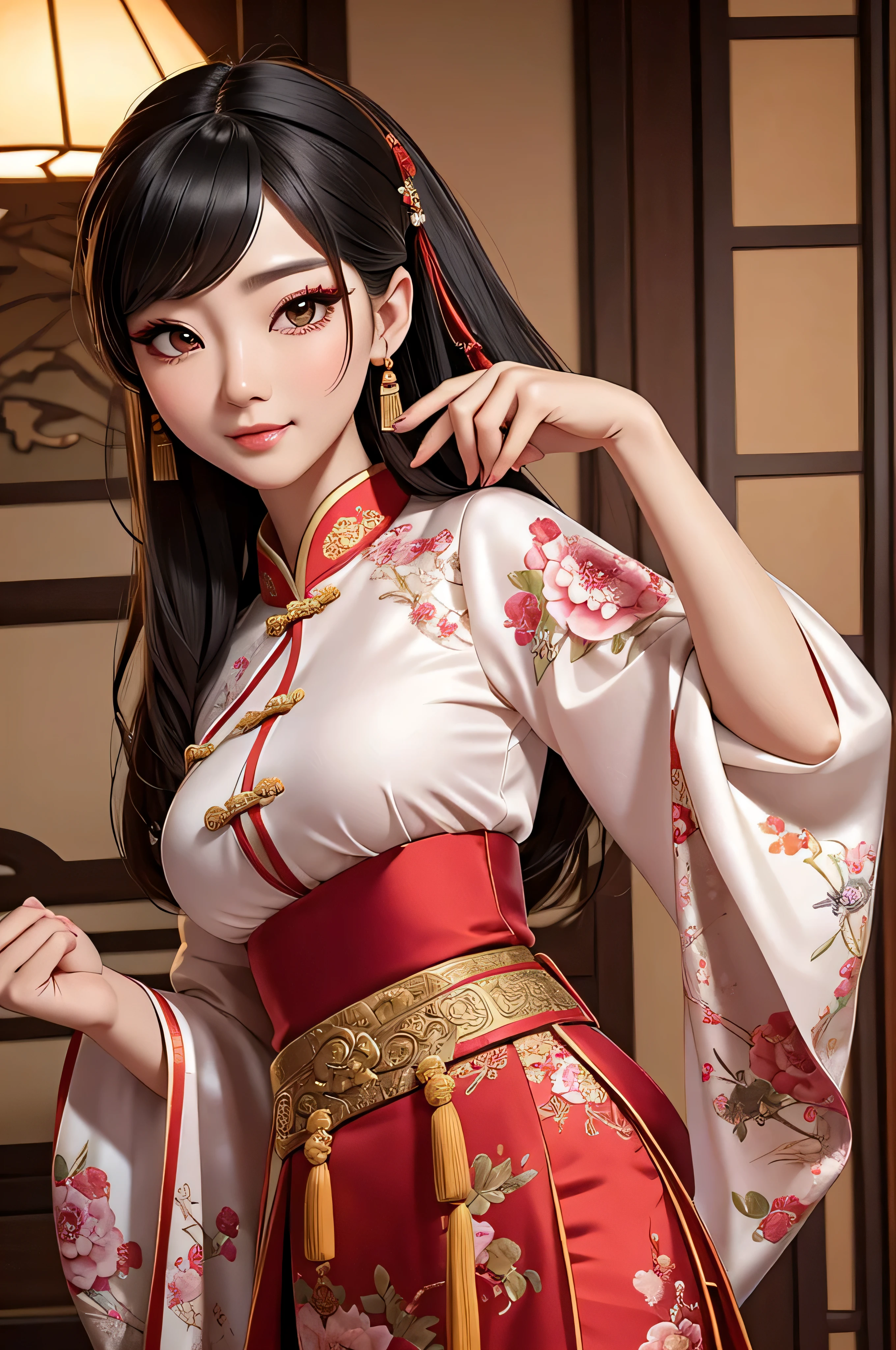 Beautiful Chinese woman in intricately detailed silk hanfu skirt and silk collared shirt, large breasts, sexy pose, amazingly detailed clothing, beautiful makeup, traditional