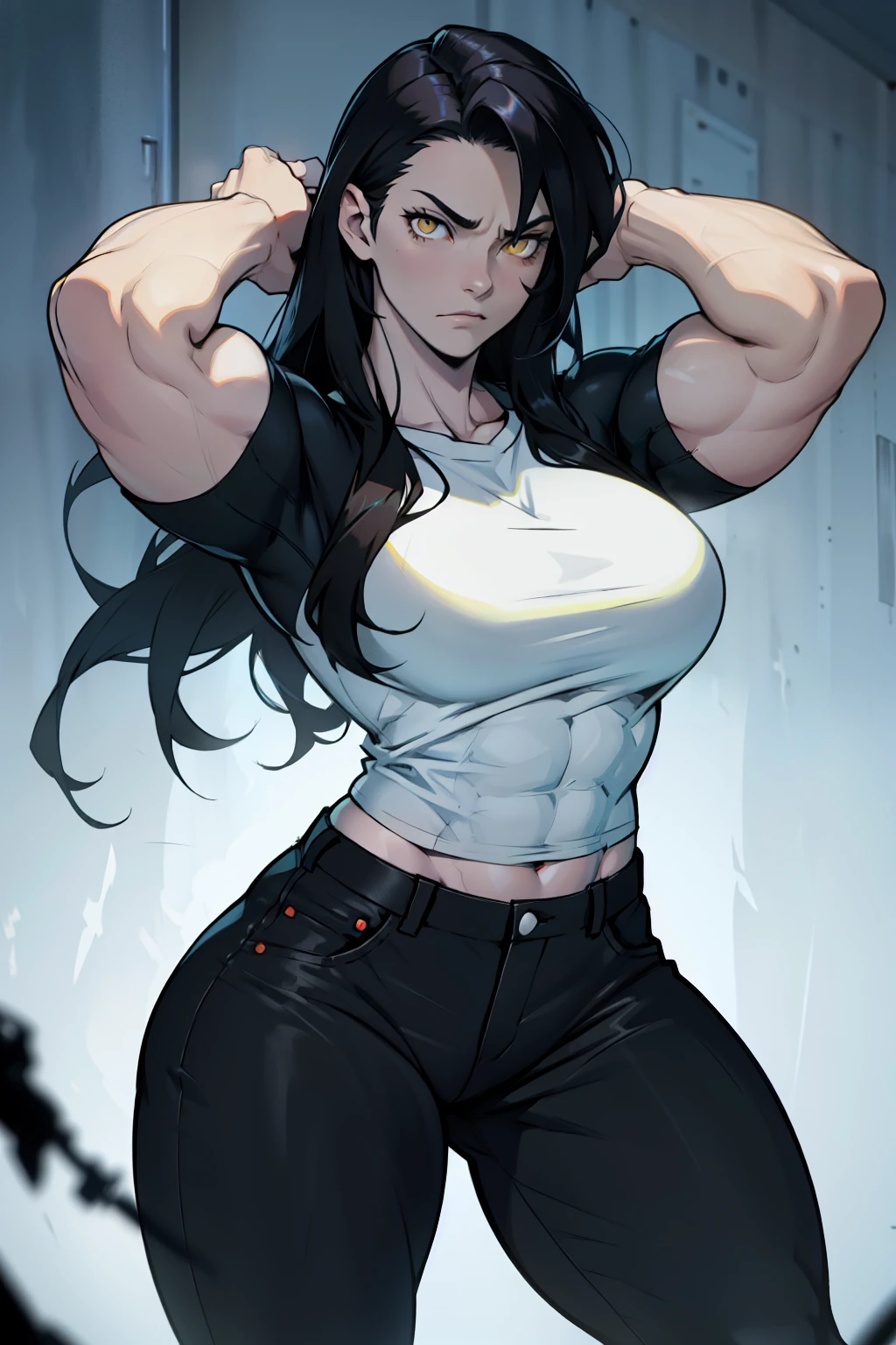 best quality pale skin girl black hair yellow eyes extremely long hair frown ((((muscular)))) thick thick thick breasts tight shirt tight pants