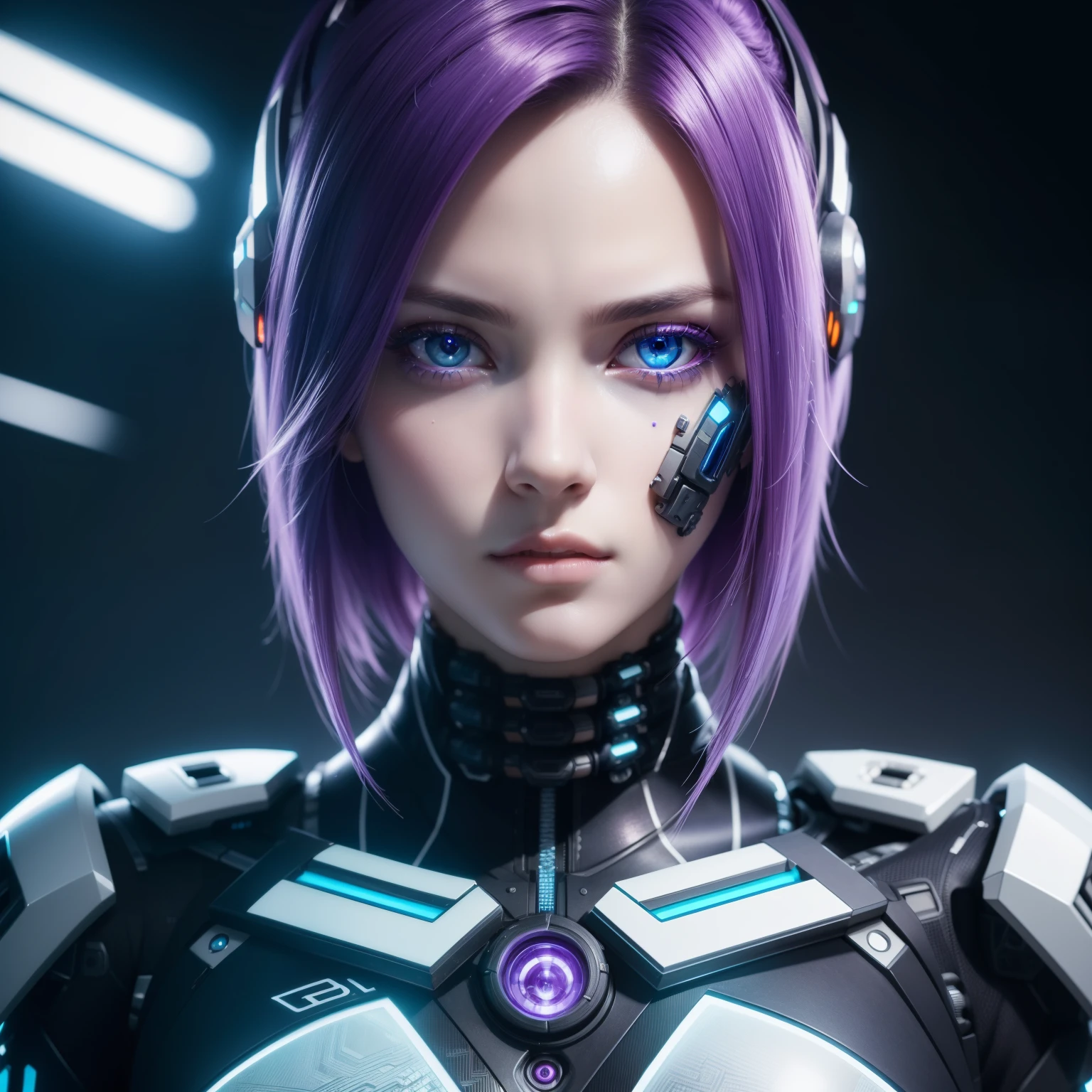 Centered portrait of an ultra detailed Mechanical Cyberpunk Female Android, purple hair, light blue eyes, looking into the camera, intricate, elegant, super highly detailed, sharp focus, no blur, no dof, extreme illustration, Unreal,  full body (details), full body very detailed