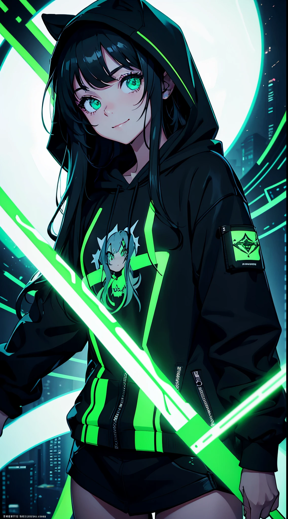 semi-realistic cinematic artwork, a close up on a mischevieous girl wearing a black hoodie with neon green details, neon green, cute expression, curious eyes, glowing eyes, long hair, (smilling, evil smile:1), beautiful shading,cute girl, dynamic, (modern aesthetic, green and black), night, smug, badasasterpiece, digital artwork, hud, cg, rays tracing, award winner image, breathtaking:1.3), vivid eyes

