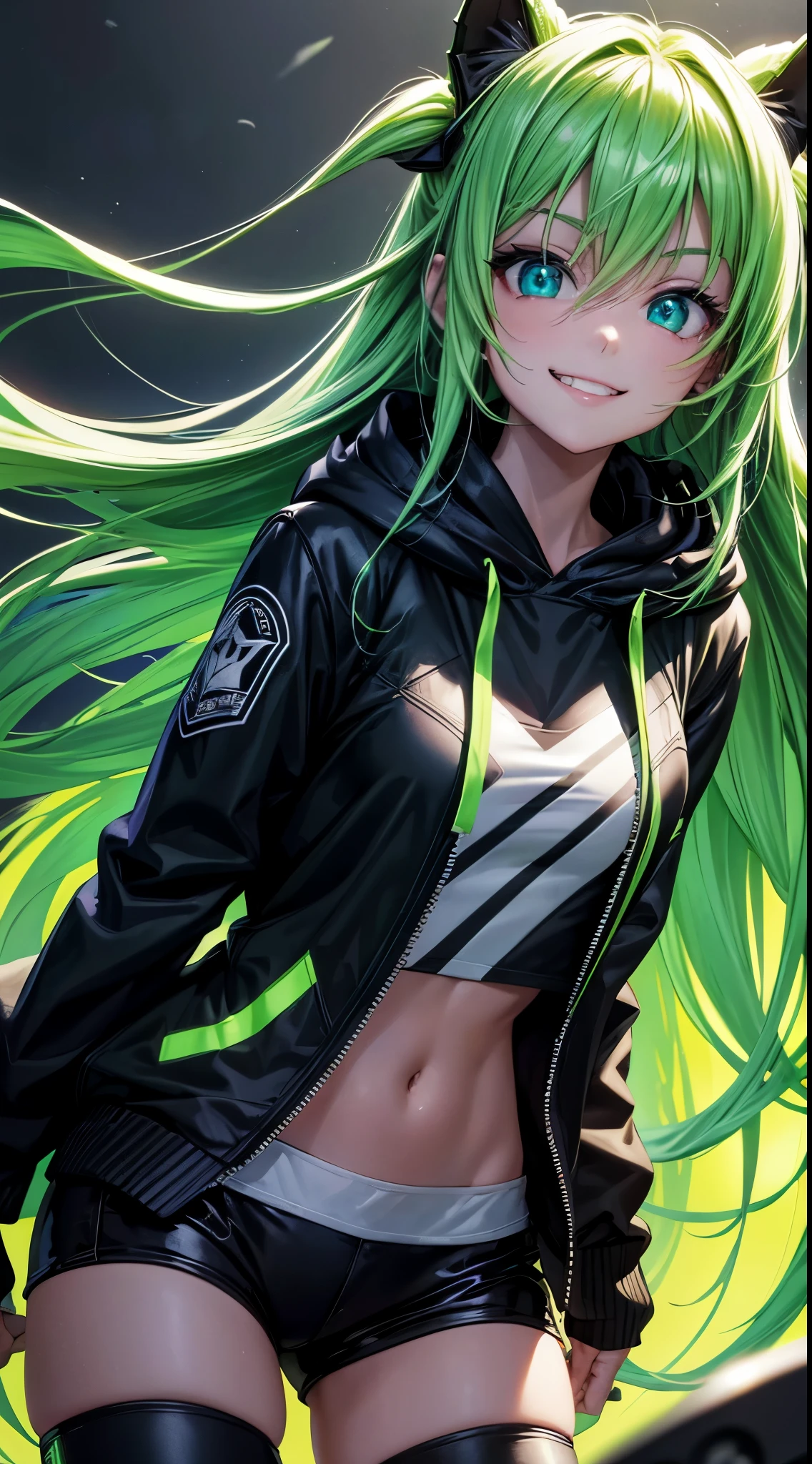semi-realistic cinematic artwork, a close up on a mischevieous girl wearing a black hoodie with neon green details, neon green, cute expression, curious eyes, glowing eyes, long hair, (smilling, evil smile:1), beautiful shading,cute girl, dynamic, (modern aesthetic, green and black), night, smug, badasasterpiece, digital artwork, hud, cg, rays tracing, award winner image, breathtaking:1.3), vivid eyes