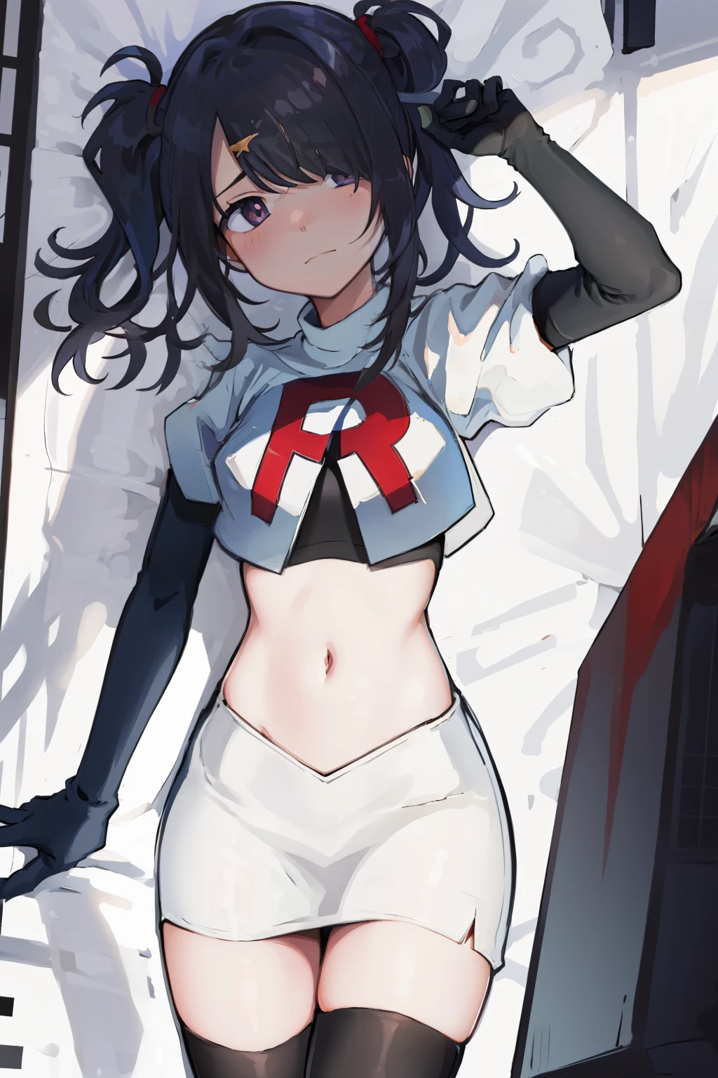 masterpiece, best quality, absurdres, 1girl, ame-chan, depressed, bags under eyes, team rocket,team rocket uniform,white skirt,red letter R,crop top,black thigh-highs,black elbow gloves