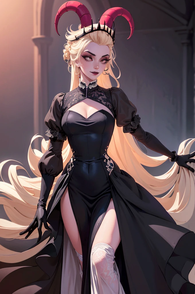 (Lilith:1.2), (grey/gray skin, grey sclera, long blonde hair, white iris, demon horns, makeup), (DefaultOutfit:1.2), (long dress, sleeves, gloves, black dress:1.5), (castle, inside a castle, Victorian theme), (realistic:1.2), (masterpiece:1.2), (full-body-shot:1),(Cowboy-shot:1.2), neon lighting, dark romantic lighting, (highly detailed:1.2),(detailed face:1.2), (gradients), colorful, detailed eyes, (detailed landscape:1.2), (natural lighting:1.2), (powerful pose:1.2), (solo, one person, 1girl:1.5), lilith, hazbin , black dress, perfect fingers, walking, dancing, laughing
