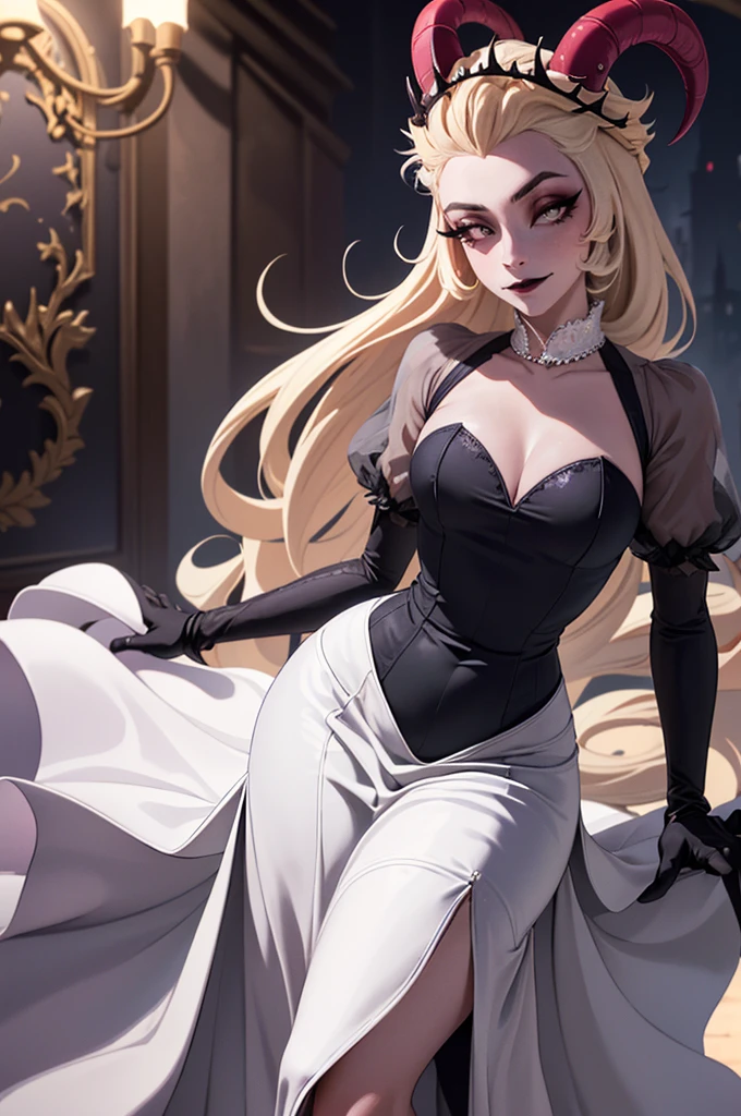 (Lilith:1.2), (grey/gray skin, grey sclera, long blonde hair, white iris, demon horns, makeup), (DefaultOutfit:1.2), (long dress, sleeves, gloves, black dress:1.5), (castle, inside a castle, Victorian theme), (realistic:1.2), (masterpiece:1.2), (full-body-shot:1),(Cowboy-shot:1.2), neon lighting, dark romantic lighting, (highly detailed:1.2),(detailed face:1.2), (gradients), colorful, detailed eyes, (detailed landscape:1.2), (natural lighting:1.2), (powerful pose:1.2), (solo, one person, 1girl:1.5), lilith, hazbin , black dress, perfect fingers, walking, dancing, laughing
