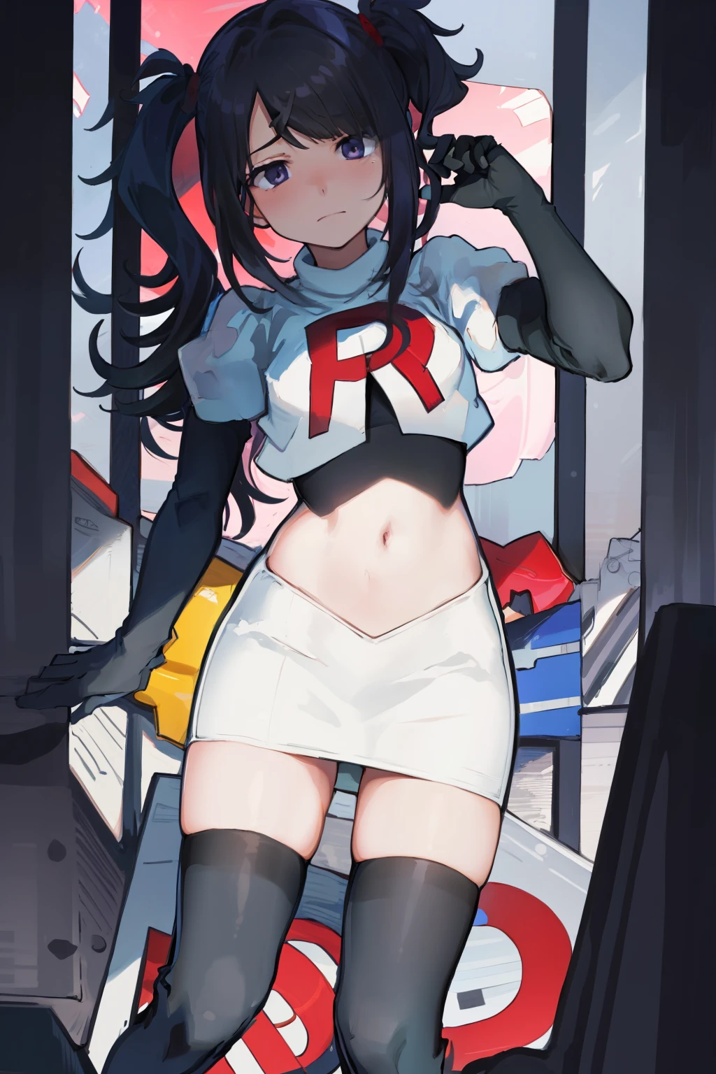 masterpiece, best quality, absurdres, 1girl, ame-chan, depressed, bags under eyes, team rocket,team rocket uniform,white skirt,red letter R,crop top,black thigh-highs,black elbow gloves