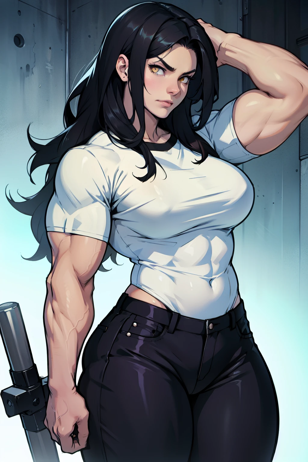 best quality pale skin girl black hair yellow eyes extremely long hair frown ((((muscular)))) thick thick thick breasts tight shirt tight pants