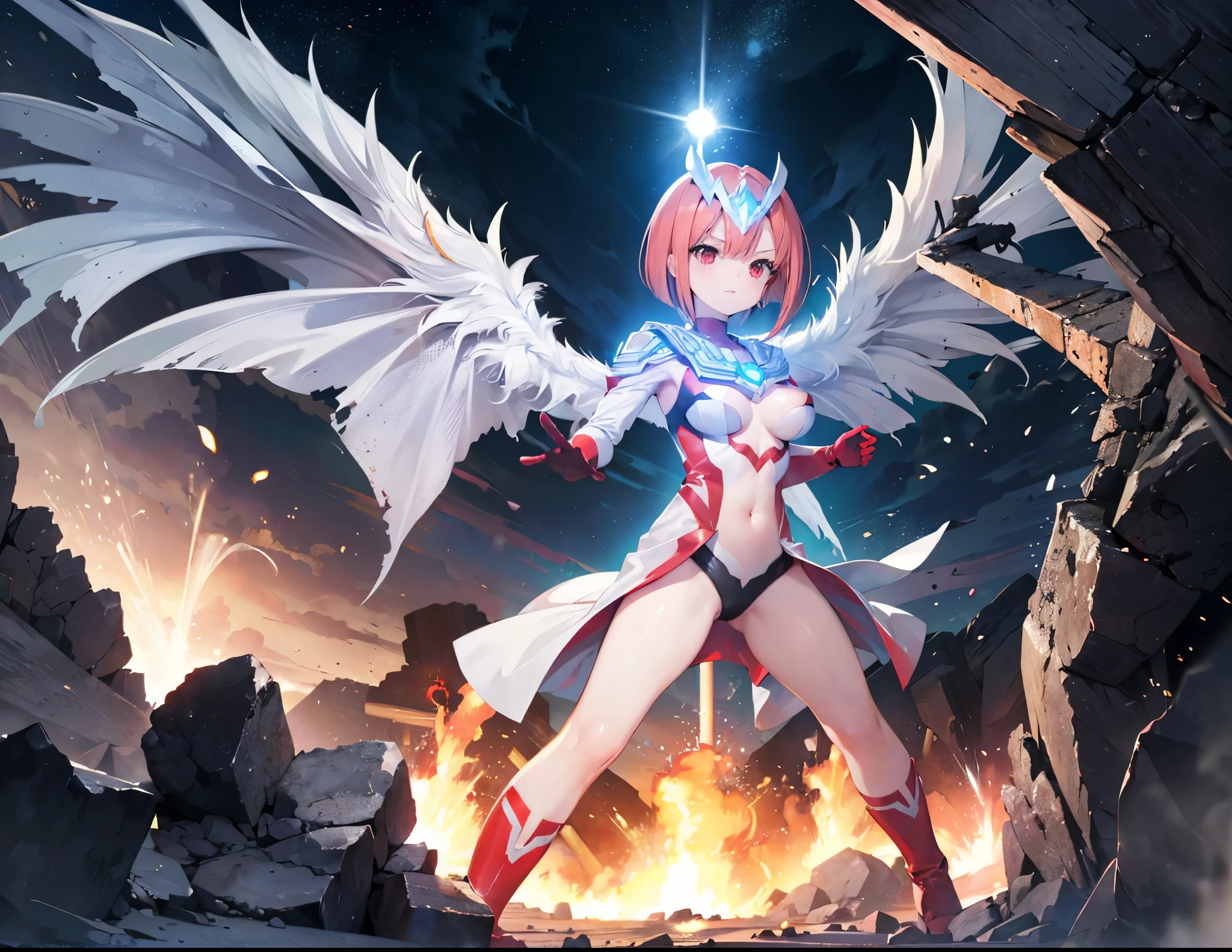 highest quality, ultra detail, High quality CG drawing, The most delicate and beautiful, Floating gently, High resolution, (1 giant woman), (Highest image quality,4K,8K,masterpiece:1.2),(all red hair:1.5),(short bob:1.5),(red eyes:1.5), Ultraman,(ultra girl :1.0), (赤いUltramanボディスーツ:1.4),slightly bigger breasts,red gloves,(rampage :1.0), whole body, (troubled face :1.2), (finding stance), ((dynamic), be familiar with fingers, be familiar with hands, be familiar with face), everything is complicated, Godzilla (attack :1.2), (battle with monsters, battle with monsters, finding), be familiar with (Ruined buildings) behind, outside,The city is engulfed in flames