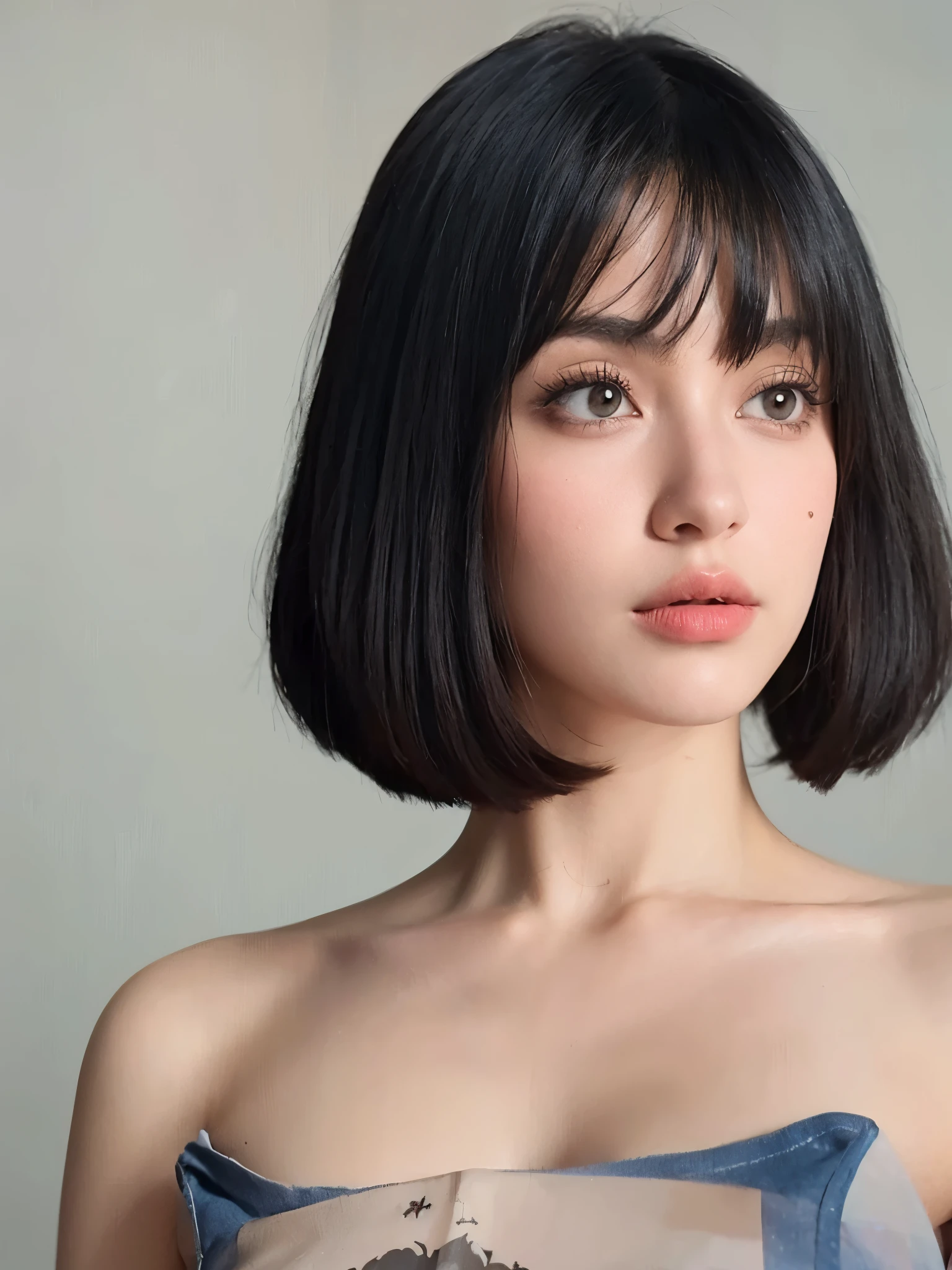 Mujer arafed con un vestido azul y un tatuaje en el pecho., bob francés, with short hair con flequillo, bob francés hair, 🤤 girl portrait, neat hair con flequillo, short brown hair con flequillo, hyperrealistic art style, corte bob hair, short black hair con flequillo, con flequillo, she has black hair con flequillo, corte bob