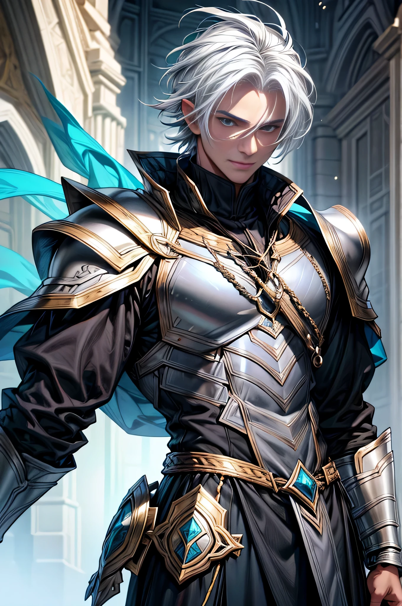 Um nobre Elfo, cabelos brancos, cabelos longos, masculino, Macho, bonito, elegante, armadura, (cabelo branco), armaduras, detalhado, imagem detalhada, imagem ultra definida, Ultra HD, ambiente detalhado, imagem clara, 16K