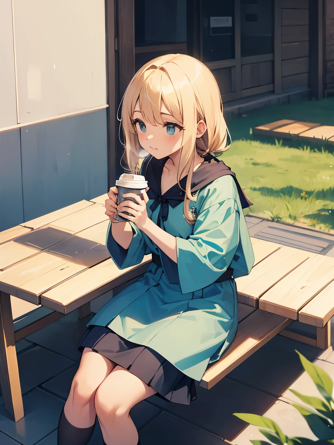 a girl drinking coffee, sentada em um banco,roupas verdes e azuis,chovendo