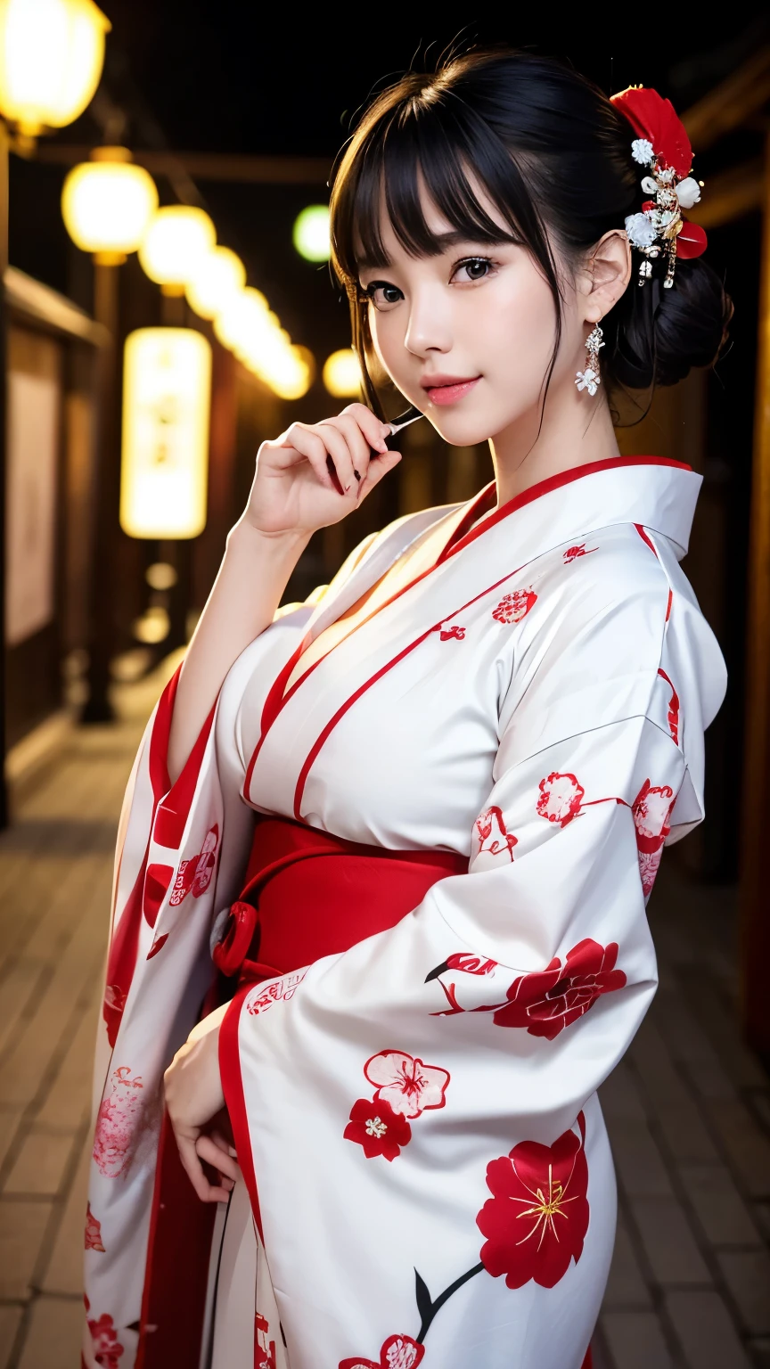 (8k, RAW photo, highest quality, masterpiece: 1.2), Super detailed, super resolution, (genuine, genuine photos: 1.37), portrait, High-definition RAW color photo, professional photos, 非常に詳細で美new, very detailed, 8k wallpaper, amazing details, huge file size, official art, very detailed CG Unity 8k wallpaper, very detailed beautiful girls, very detailed facesHighly detailed eyes, Very fine skin, very detailed fingers, very small nose, very detailed detailed mouth, perfect anatomy, detailed background, fine clothes,20th generation, cute girl, genuineistic body,  white skin, glowing skin,  (dull bangs: 1.2), smile, cute, like々new, cute face, genuineistic face, delicate eyes, sagging eyes、(Red black and white image 3.1)、(Kimono 1.2)、(Oiran 1.2)、(悲new表情), ((sexy and dynamic pose)), earrings, looking at camera, Contrapos, dynamic lighting, G cup breasts,big breasts、whole body、(View of the Japan garden at night１.2)、(Expose 1.2)、(Short furisode 1.2)、(have a smoking pipe 1.2)