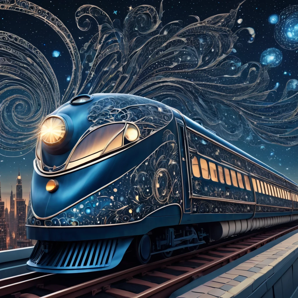 Marija. Magical starry sky. zentangle art deco style racing Train Station, female driver long hair, windy hair, speed, action, art deco style science fiction, magical art deco style future skyscrapers (best quality,4k,8k,highres,masterpiece:1.2),ultra-detailed,(realistic,photorealistic,photo-realistic:1.37)