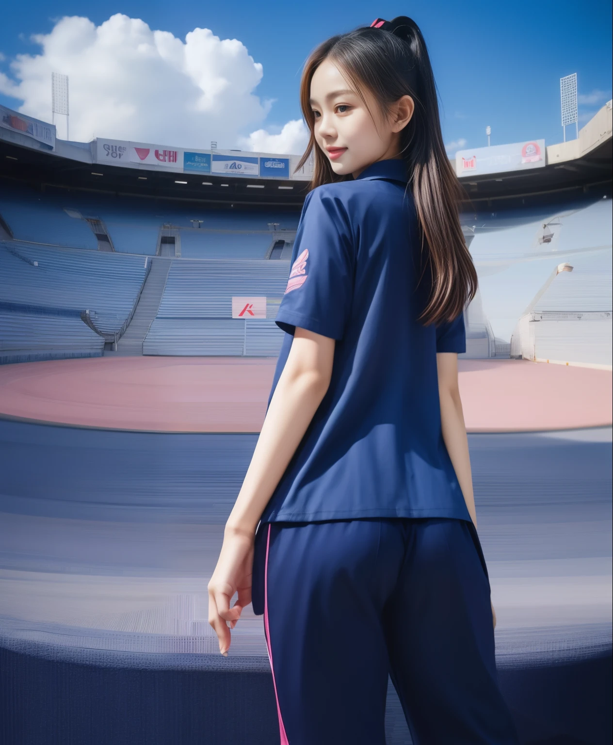 (best quality,10,10,height,Masterpiece:1.2),Special details,(realistic,ภาพrealistic,Realistic photos:1.37),1 cute girl on the football field,shiny, ผิวshiny,only,smile softly,BDclothelue shirt:1.3)),short sleeve,shirt, กางเกงขาlong.,(navy_long_track pants:1.1), ((stadium background:1.3)),Dynamic angle,excited,Face focus,dynamic poses,from behind,focus on ass,Masterpiece, best quality, ultra realistic, hyper-detail, 8K resolution, raw photos, Sharp focus, ((Navy blue shirt:1.1)), short sleeve, เส้นทางlong, perfect body, 2 mature women, 18 years old, Cinema-grade lighting system,blue sweatpants,shirtผ้าออกกำลังกาย,correct anatomy,perfect body, correct body, Sharp face, correct bodyทางกายวิภาค, full body, realistic gestures, long-haired, realistic poses,Wear long shorts................................,ช่วงขาlong,Good shape,carved girl, Slender figure, model, Good shape, beautiful body,blue sweatpants, two girls kissing