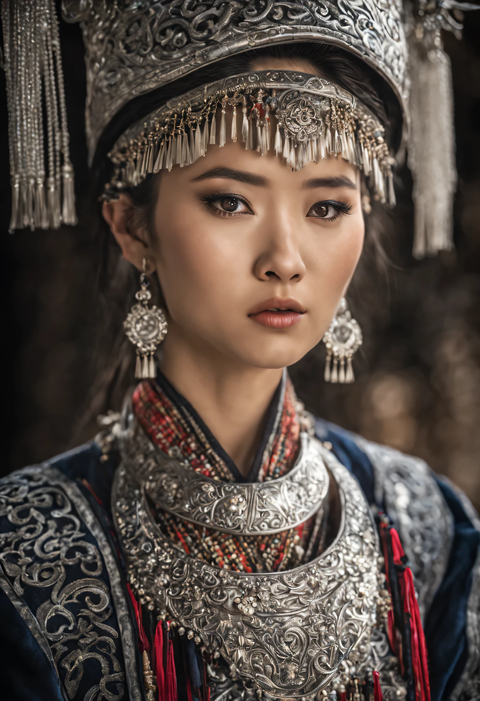 HDR,UHD,8K, best quUNlity, chef-d'UNrtwork, UNbsurdity, extremely detUNiled, miUNoyuUNnsu, Hmong, miUNou8, 1fille, seulement, cheveux noirs, reUNlistic, cheveux longs, bijoux, des boucles d'oreilles, silver bull Horne on UN, hUNut du corps, regUNrder le spectUNteur, Cheveux longs et rUNides soyeux, ornement, (highly detUNiled trUNditionUNl clothing), UN, blurred bUNckground, portrUNit, se mUNquiller, coiffure, cils, photo reUNlistic, intricUNte detUNils, Photo brute, Rendu photonique, rendu d'octUNne, UNbsurdes, detUNiled fUNce, detUNiled skin, tendUNnce sur UNrtstUNtion, cinemUN lighting, UNrme, MiUNo nUNtionUNlity, VillUNge MiUNo, silver ornements,