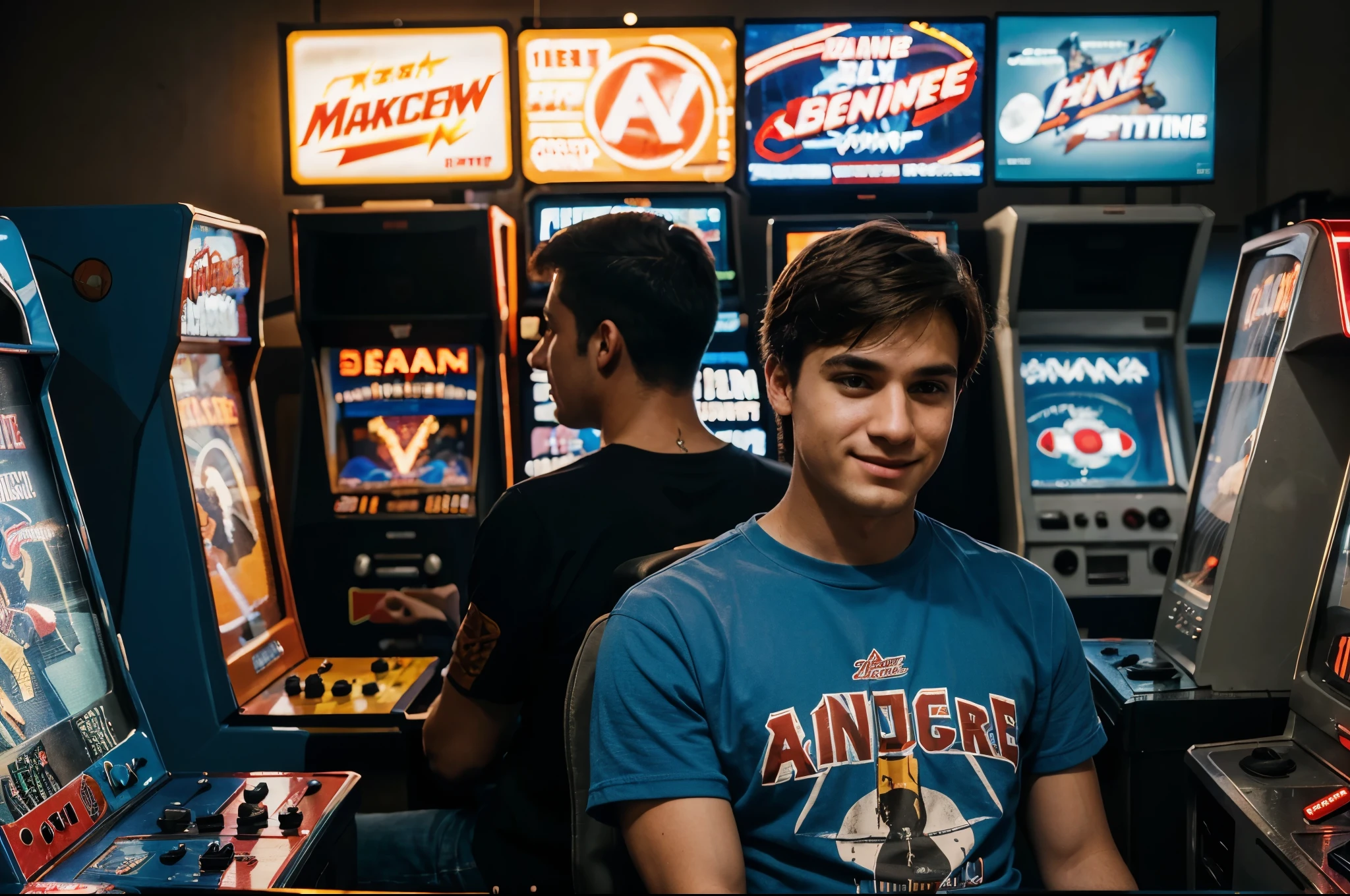 A high quality photo of a young man enthusiastically playing an arcade machine. The man has a concentrated expression, he looks fixedly at the arcade machine, he only looks at the machine, wearing a t-shirt and jeans. The background is a dimly lit arcade filled with multiple arcade machines, flashing lights, and people in the distance. The overall ambiance of the photo is cinematic and nostalgic, evoking a sense of 80s, photo, cinematic excitement and joy. the man is having a lot of fun