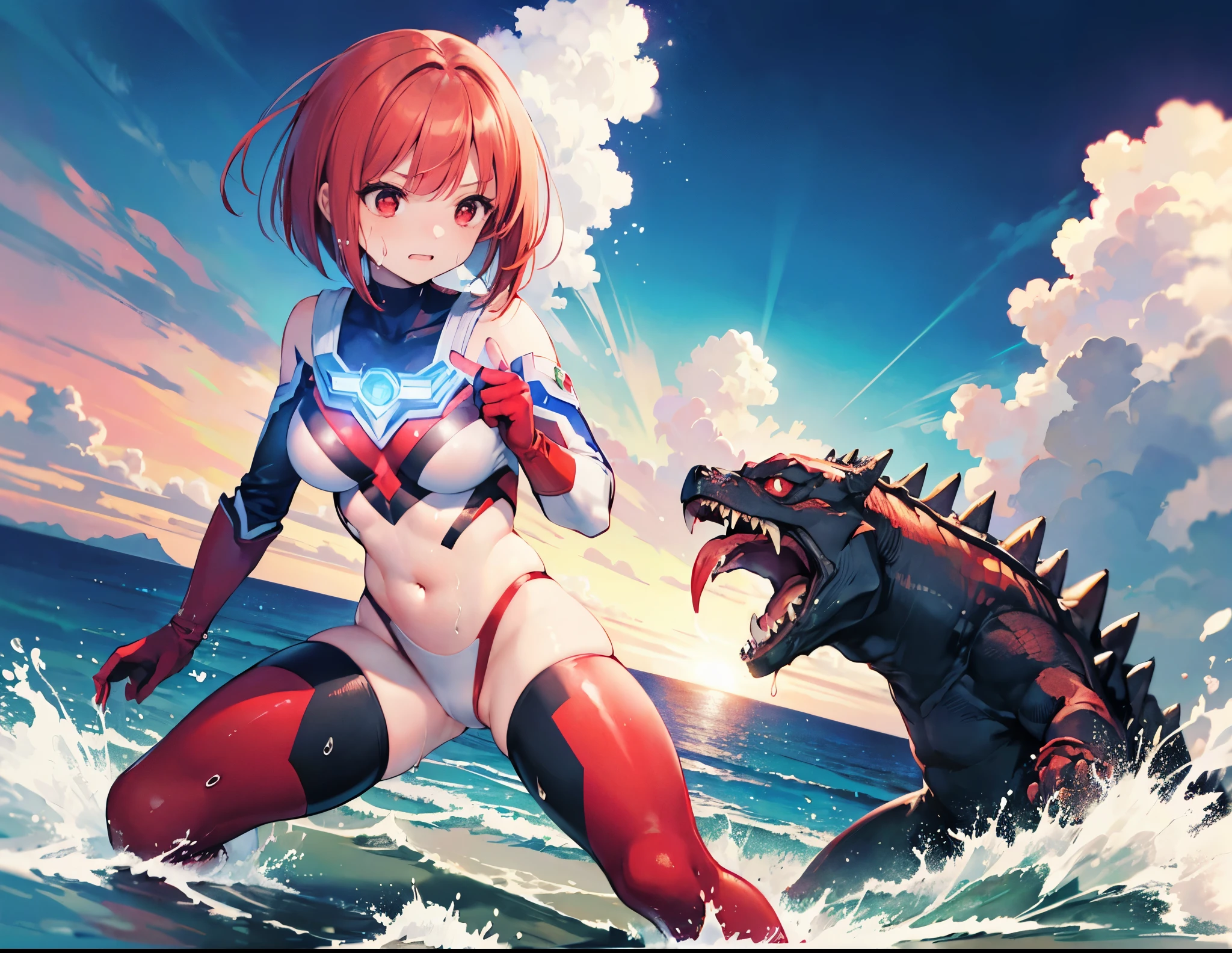 highest quality, ultra detail, High quality CG drawing, The most delicate and beautiful, Floating gently, High resolution, (1 giant woman), (Highest image quality,4K,8K,masterpiece:1.2),(all red hair:1.5),(short bob:1.5),(red eyes:1.5), Ultraman,(ultra girl :1.0), (赤いUltramanボディスーツ:1.4),slightly bigger breasts,red gloves,(rampage :1.0), whole body, (troubled face :1.2), (finding stance), ((dynamic), be familiar with fingers, be familiar with hands, be familiar with face), everything is complicated, Godzilla (attack :1.2), (battle with monsters, battle with monsters, finding), be familiar with,(battle at sea:1.2),soaked in the sea,inflammation,(get wet:1.3)