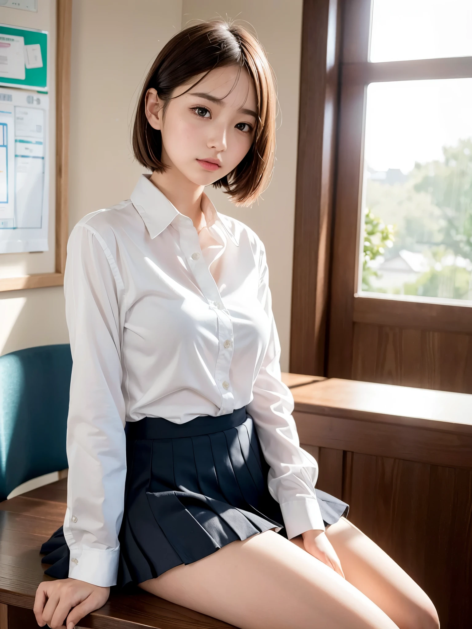(skirt lift:1.4), (very short hair:1.2), (Professional portraits, realistic and perfectly shaped subjects:1.3), (masterpiece, best quality:1.2), (Realistic, hyper realistic, photorealistic:1.3), (ultra high resolution), high resolution, intricate details, ultra detailed, (extremely detailed CG, unity 8k wallpaper:1.3), distinct image,
BREAK
(1 Japanese girl, 16 years old), (cute, kawaii), (perfect anatomy, correct limb:1.2), (perfect hand), perfect arm, Detailed beautiful delicate face, Detailed beautiful delicate eyes and eye highlights, (Very thin and delicate eyelashes that are not too long), (alluring eyes, finely detailed beautiful blown big eyes and detailed face), light makeup, pink lip, lip gross, stylish face, (lustrous skin, realistic detailed skin), brown hair, medium chest
BREAK
(school uniform:1.2), (high school student girl), (white shirt:1.3), (white blouse:1.3), (black socks), put shirt on
BREAK
classroom, sitting on chair, (cowboy shot), BREAK showing above the knees
(blush:1.2), (embarrassed:1.2), (shy:1.2)
BREAK
from side:1.3, looking up
BREAK
