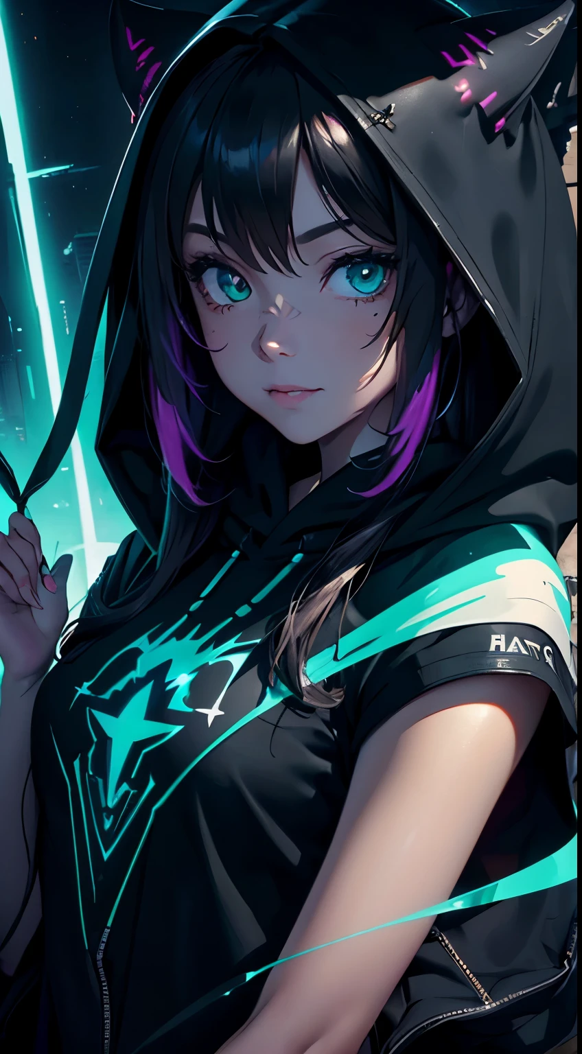 semi-realistic cinematic artwork, a close up ona mischevieous girl wearing a hoodie, cute expression, curious eyes, shimmering eyes, long hair, (smilling, evil smile:1), beautiful shading,cute girl, dynamic, (modern aesthetic, green and black), night, smug, badass, white heatphone, (masterpiece, digital artwork, hud, cg, rays tracing, awardwinner image, breathtaking:1.3)