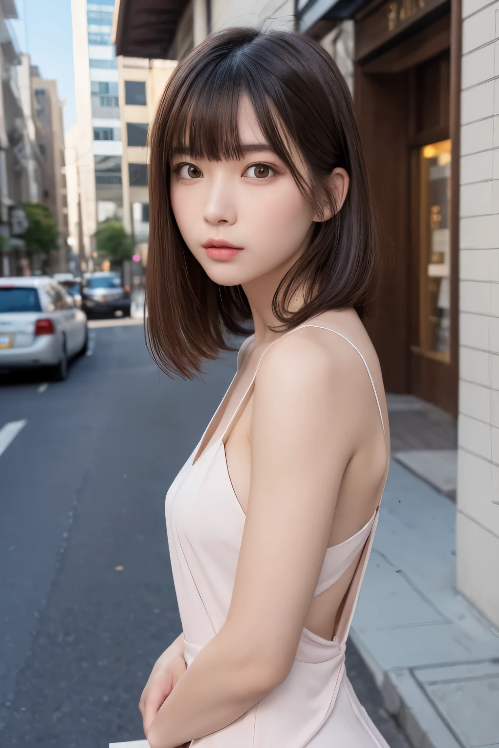 ２０歳の日本人一人のgirl、(beautiful girl、華奢なgirl:1.3)、(************:1.3)、break、nsfw、(side cut dress:1.3)、(show nude、side boob:1.3)、break、Very detailed definition、(symmetrical eyes:1.3)、break、(Street view:1.3)、(shot from the side、Upper body)、break、small breasts、brown eyes、parted bangs、brown hair、girl、break、(eyes and face)with detail:1.0)、break、(master piece、highest quality、Super detailed、detailed face、8k)