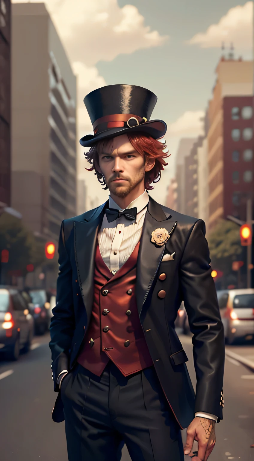 There's a man with a street punk, standing, gentleman, wearing black suit, wearing red undershirt, wearing tall top hat, red shaggy hairstyle,
