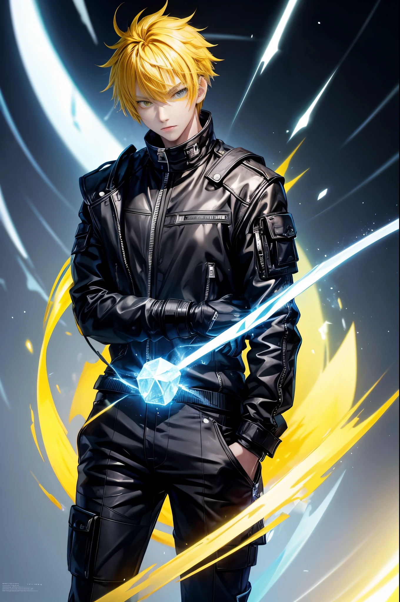 1boy,soft face,confident,young adult, simple clothes,wearing a black jacket, blue ice energy all around, ice, , blizzard, (yellow eyes), ((yellow hair)),short messy unkept hair, highest quality digital art, Stunning art, wallpaper 4k, highly detailed,BREAK, (anime style), epic