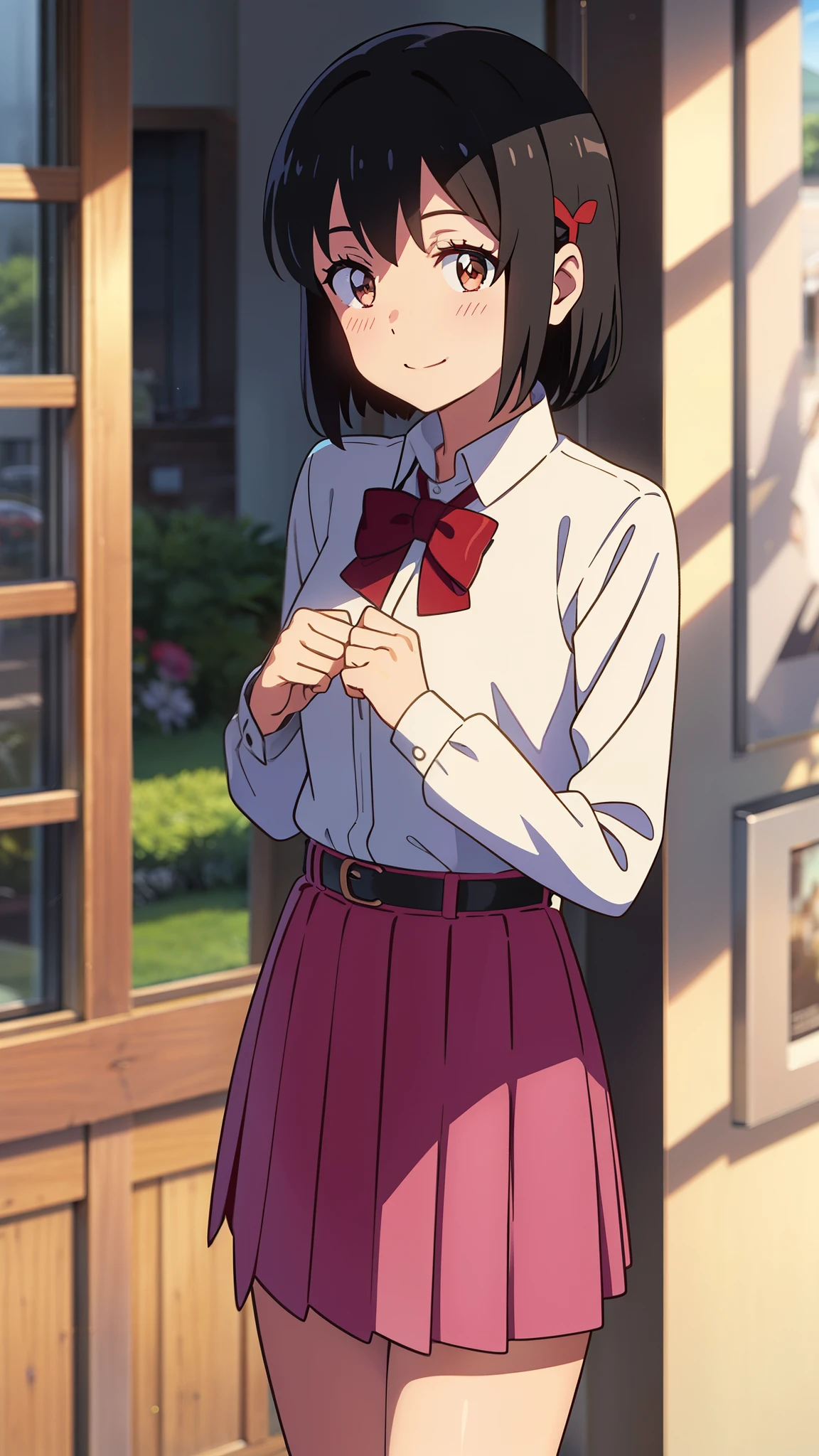 shinkai makoto, kimi no na wa., 1girl, bangs, black hair, blush, bright eyes, brown eyes, red headband, red bow, red ribbon, short hair, smile, cute, beautiful, shiny skin, looking at the viewer, solo, ​pink shirt, long skirt, a belt, long-sleeve, breastsout, cowboy shot, standing, outside of house, upper body