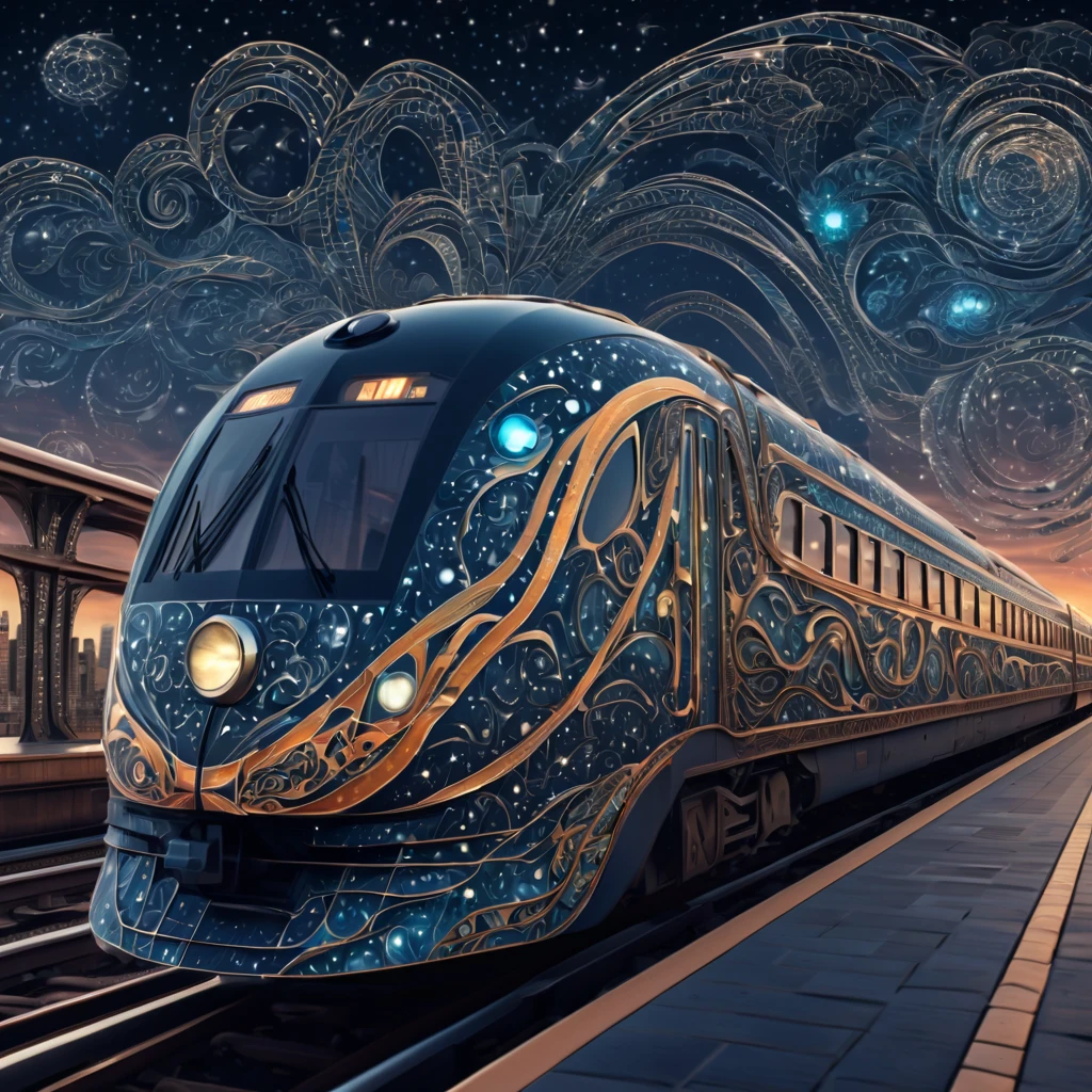 Marija. Magical starry sky. zentangle art deco style racing Train Station, female driver long hair, windy hair, speed, action, art deco style science fiction, magical art deco style future skyscrapers (best quality,4k,8k,highres,masterpiece:1.2),ultra-detailed,(realistic,photorealistic,photo-realistic:1.37)