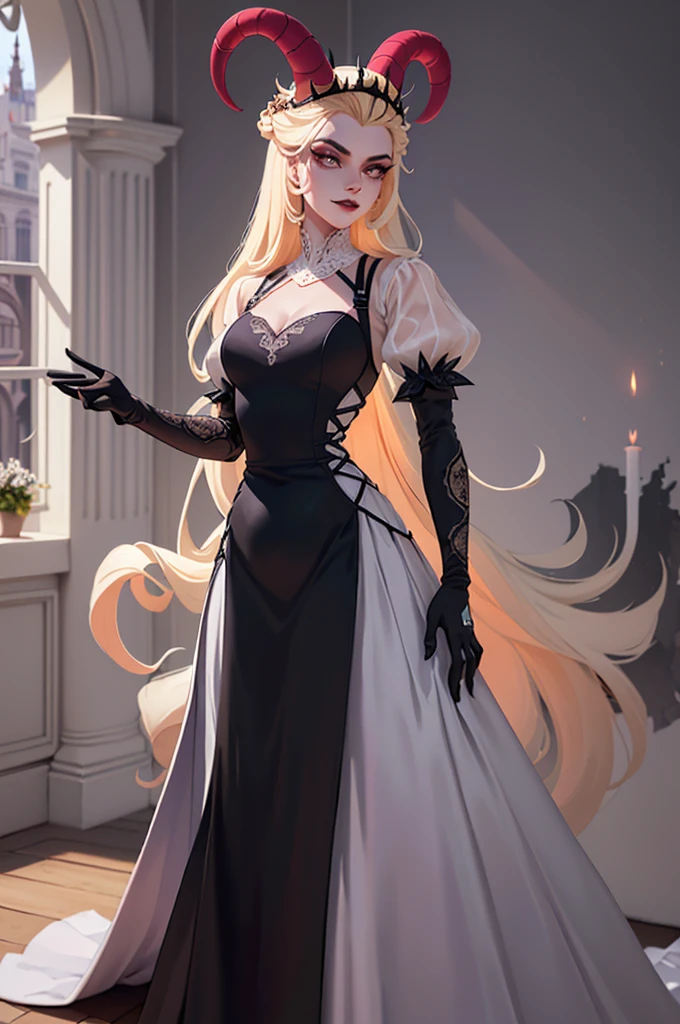 (Lilith:1.2), (grey/gray skin, grey sclera, long blonde hair, white iris, demon horns, makeup), (DefaultOutfit:1.2), (long dress, sleeves, gloves, black dress:1.5), (castle, inside a castle, Victorian theme), (realistic:1.2), (masterpiece:1.2), (full-body-shot:1),(Cowboy-shot:1.2), neon lighting, dark romantic lighting, (highly detailed:1.2),(detailed face:1.2), (gradients), colorful, detailed eyes, (detailed landscape:1.2), (natural lighting:1.2), (powerful pose:1.2), (solo, one person, 1girl:1.5), lilith, hazbin , black dress, perfect fingers, walking, dancing, laughing