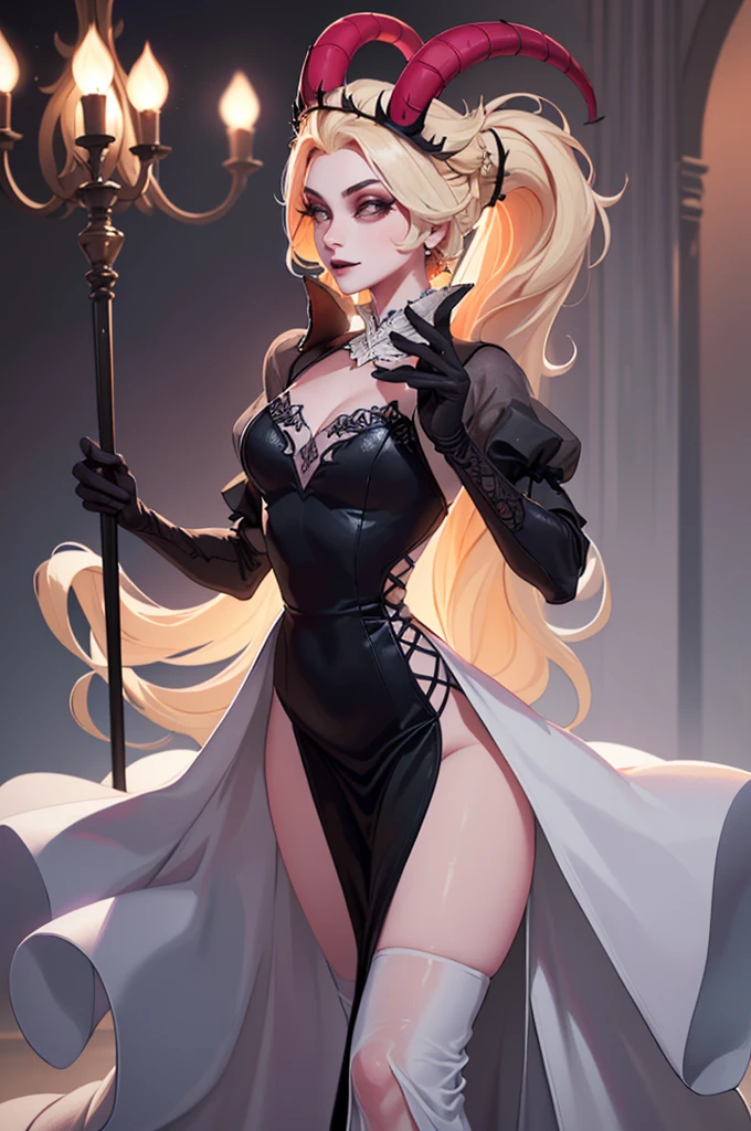 (Lilith:1.2), (grey/gray skin, grey sclera, long blonde hair, white iris, demon horns, makeup), (DefaultOutfit:1.2), (long dress, sleeves, gloves, black dress:1.5), (castle, inside a castle, Victorian theme), (realistic:1.2), (masterpiece:1.2), (full-body-shot:1),(Cowboy-shot:1.2), neon lighting, dark romantic lighting, (highly detailed:1.2),(detailed face:1.2), (gradients), colorful, detailed eyes, (detailed landscape:1.2), (natural lighting:1.2), (powerful pose:1.2), (solo, one person, 1girl:1.5), lilith, hazbin , black dress, perfect fingers, walking, dancing, laughing