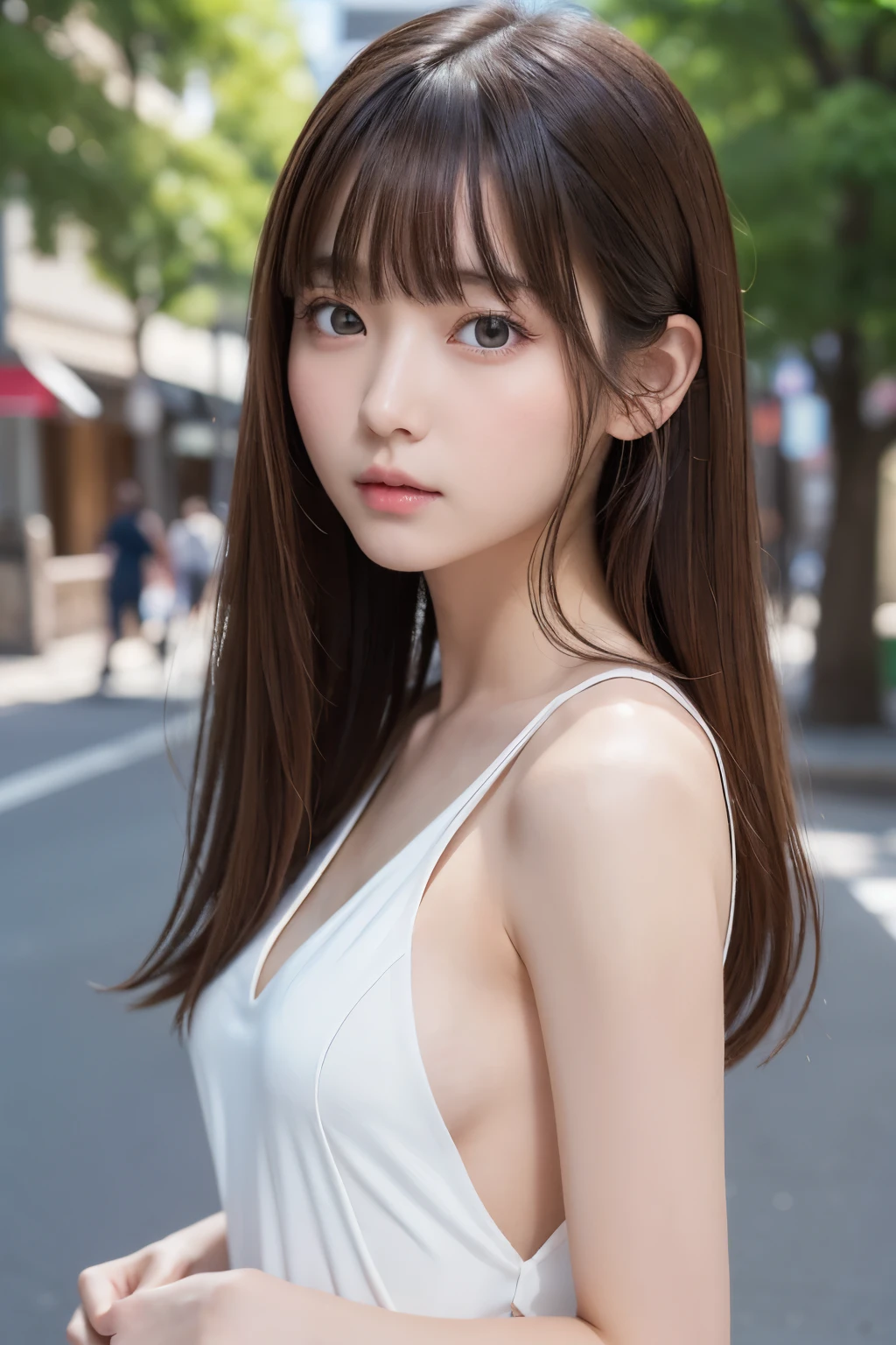 ２０歳の日本人一人のgirl、(beautiful girl、華奢なgirl:1.3)、(:1.3)、break、nsfw、(side cut dress:1.3)、(show nude、side boob:1.3)、break、Very detailed definition、(symmetrical eyes:1.3)、break、(Street view:1.3)、(shot from the side、Upper body)、break、small breasts、brown eyes、parted bangs、brown hair、girl、break、(eyes and face)with detail:1.0)、break、(master piece、highest quality、Super detailed、detailed face、8k)